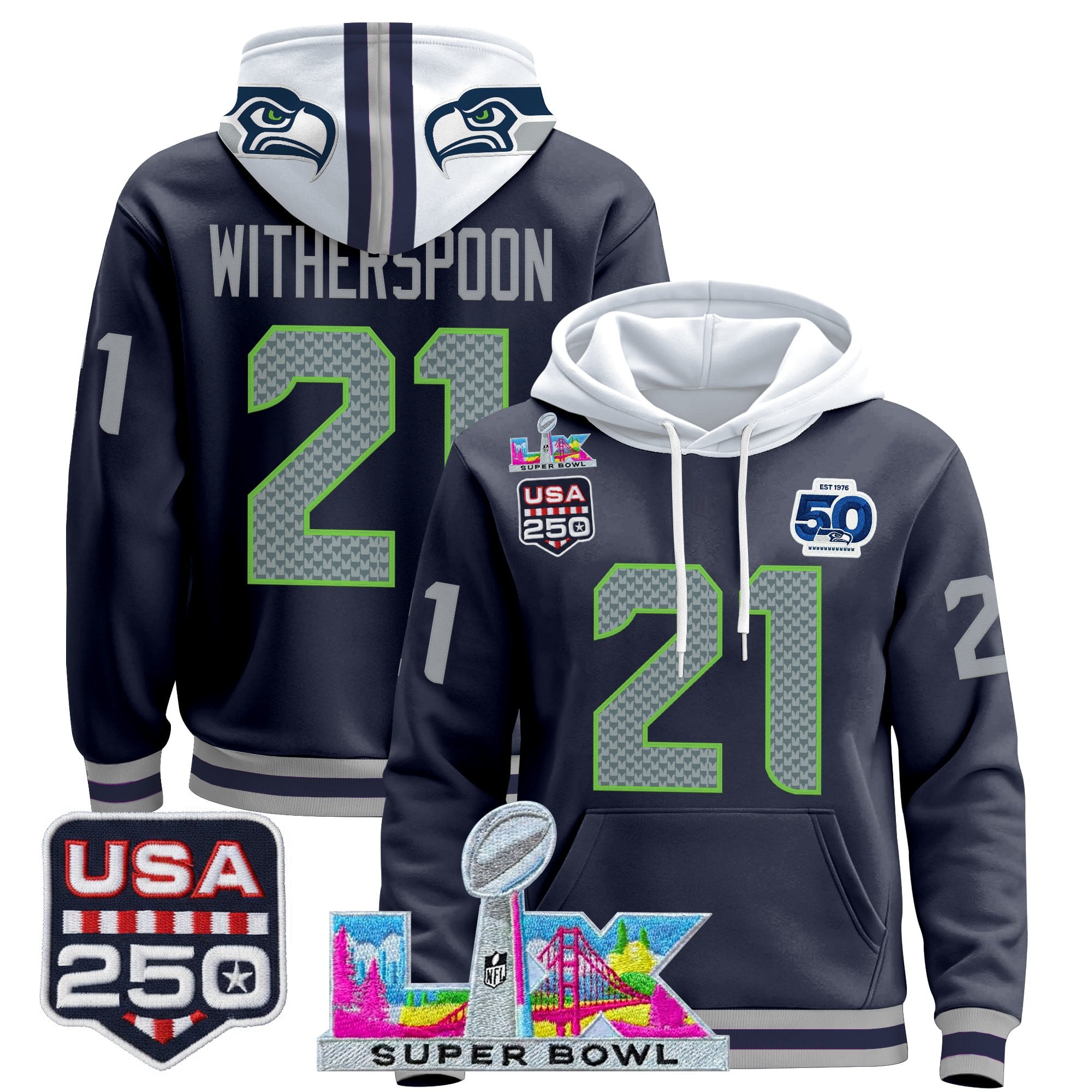 Men's Seattle Seahawks "Super Bowl LX & United States 250th Anniversary Patch" Premier Hoodie - All Stitched