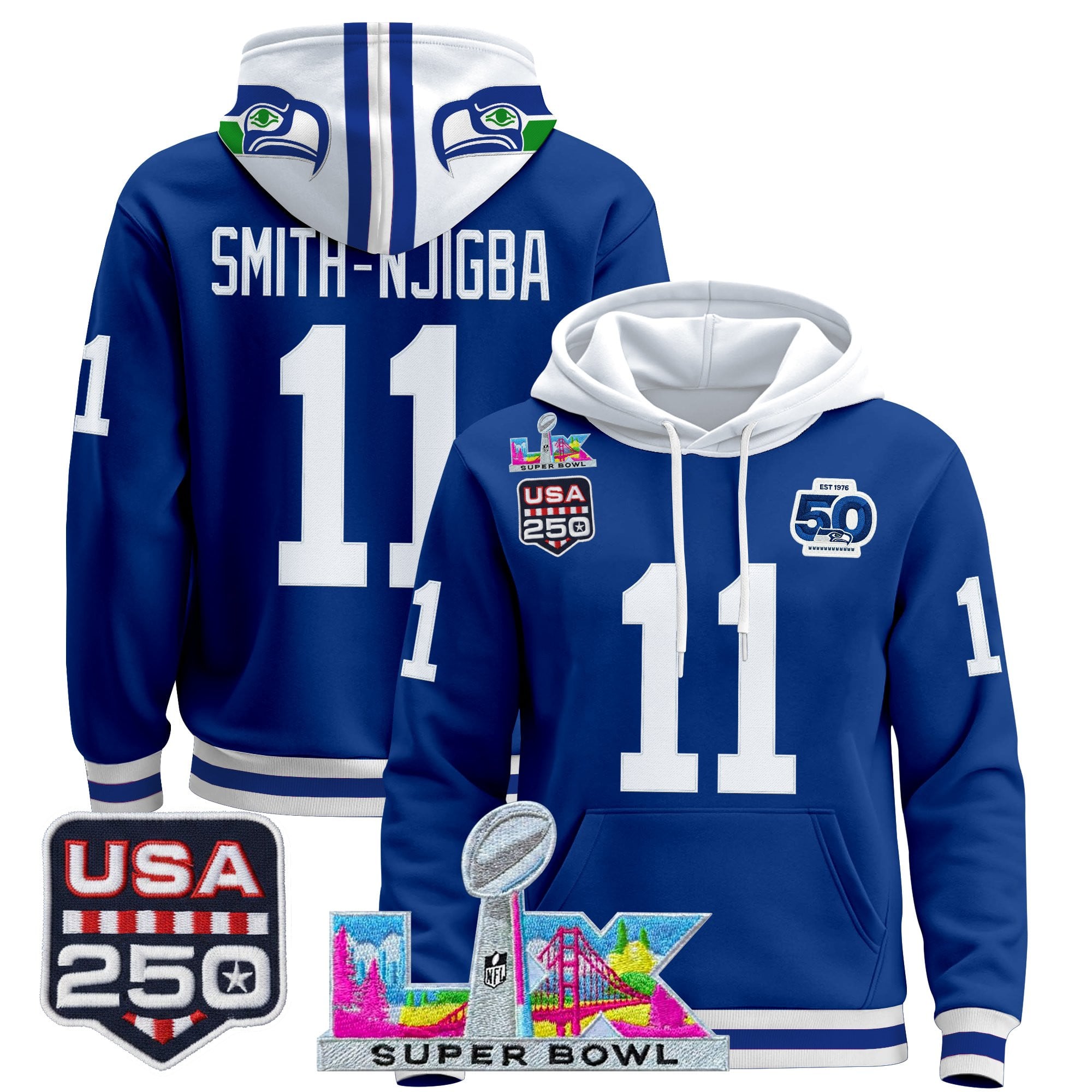 Men's Seattle Seahawks "Super Bowl LX & United States 250th Anniversary Patch" Premier Hoodie - All Stitched