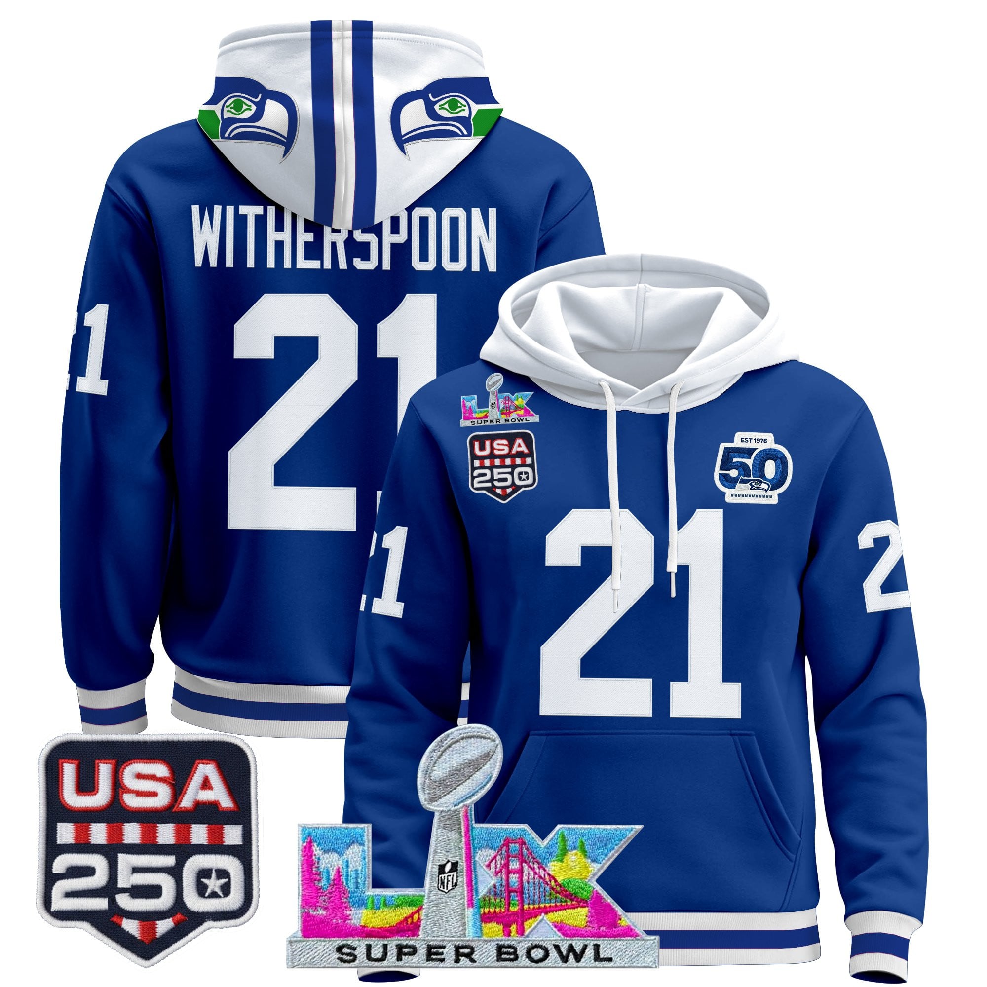 Men's Seattle Seahawks "Super Bowl LX & United States 250th Anniversary Patch" Premier Hoodie - All Stitched