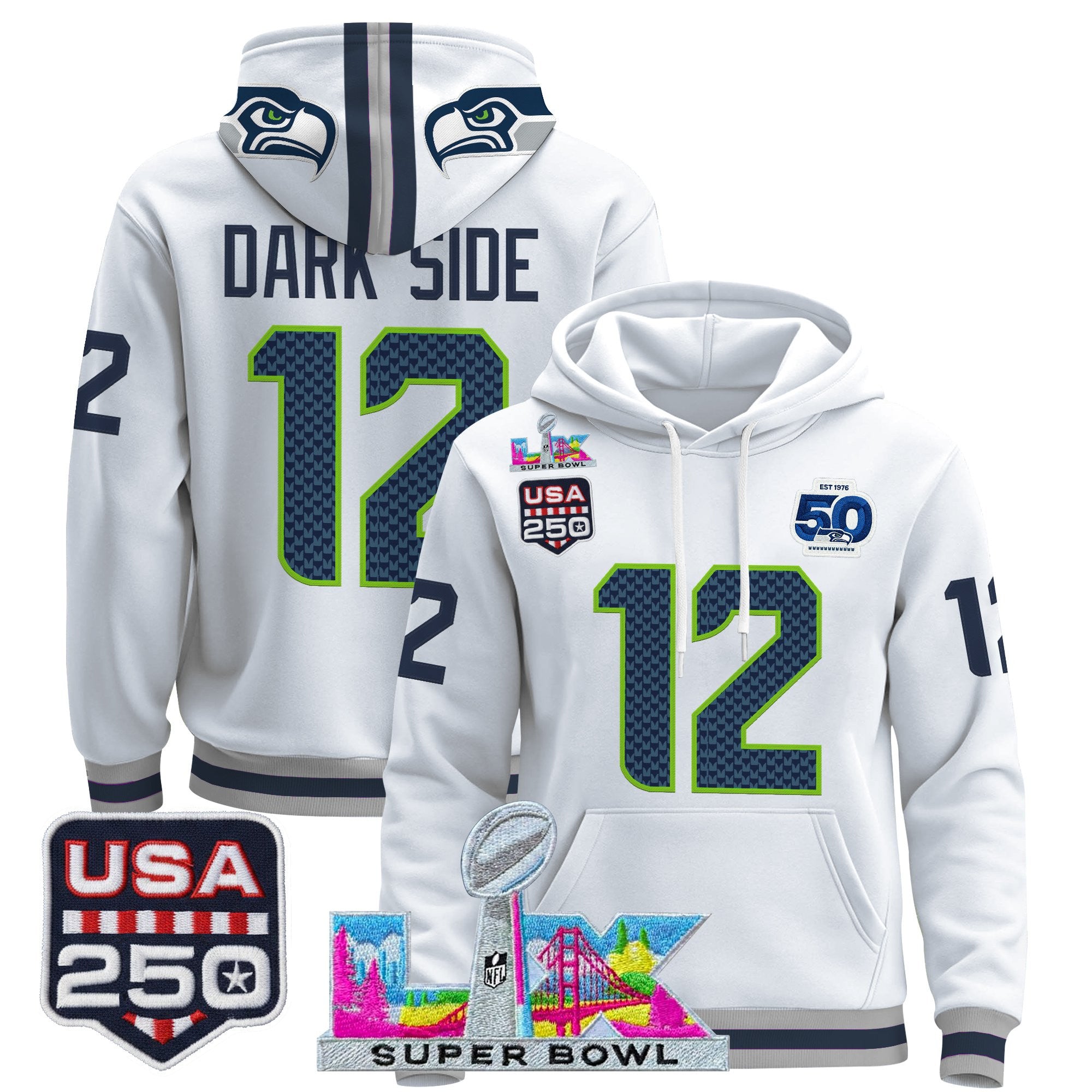 Men's Seattle Seahawks "Super Bowl LX & United States 250th Anniversary Patch" Premier Hoodie - All Stitched