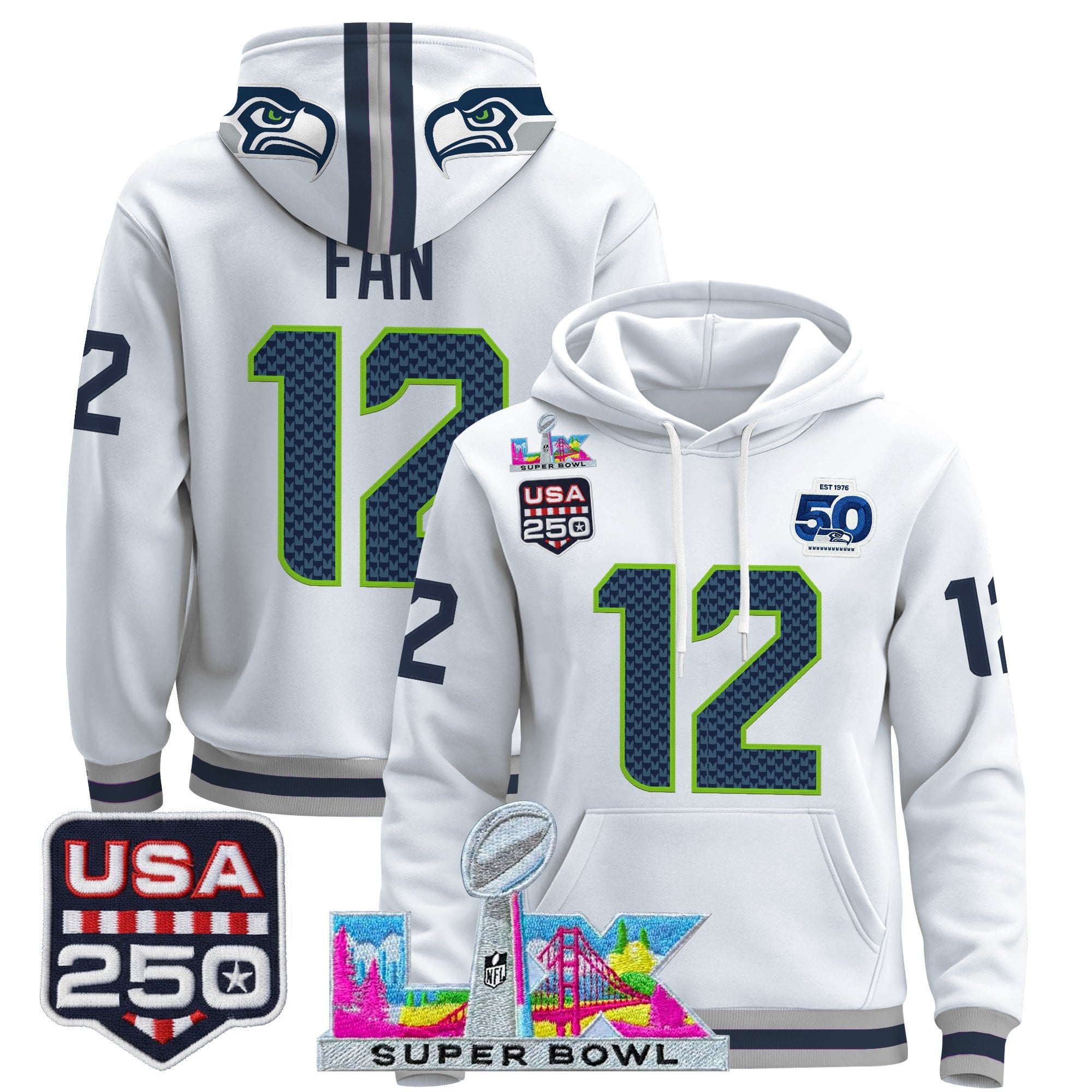 Men's Seattle Seahawks "Super Bowl LX & United States 250th Anniversary Patch" Premier Hoodie - All Stitched