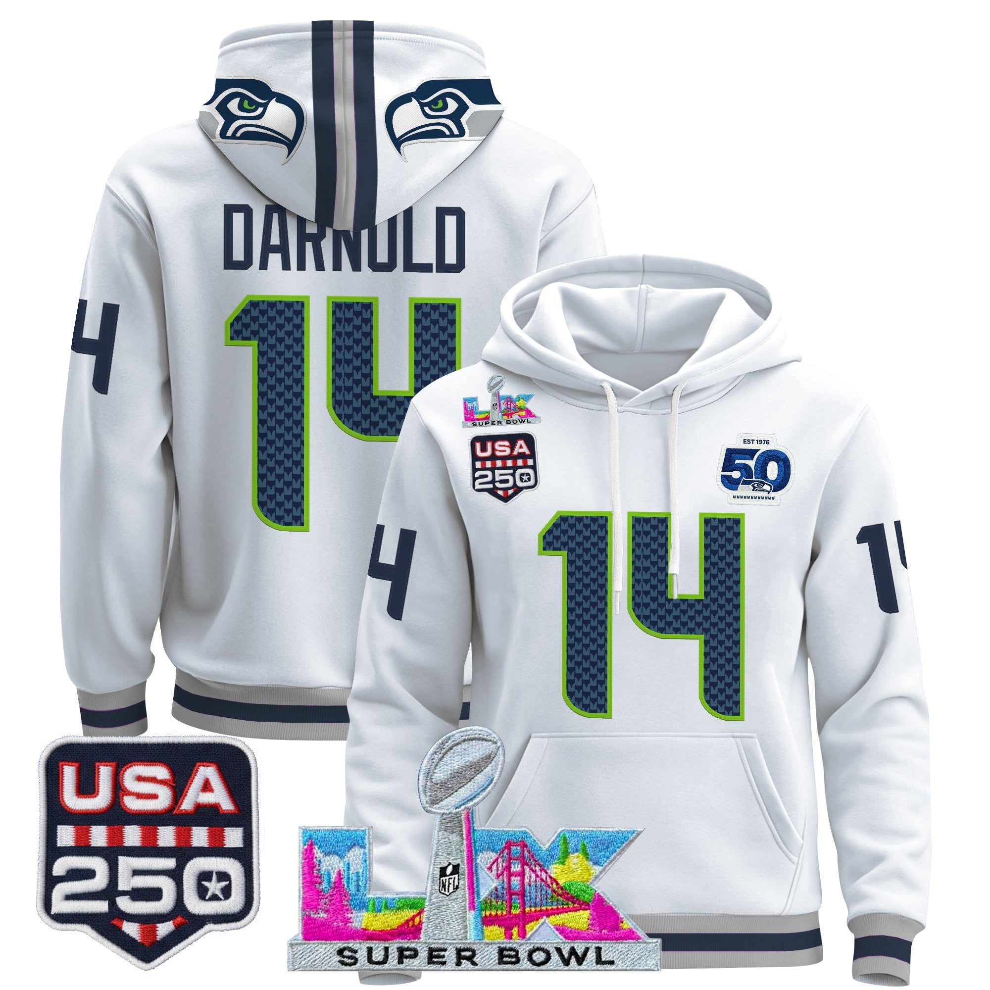 Men's Seattle Seahawks "Super Bowl LX & United States 250th Anniversary Patch" Premier Hoodie - All Stitched