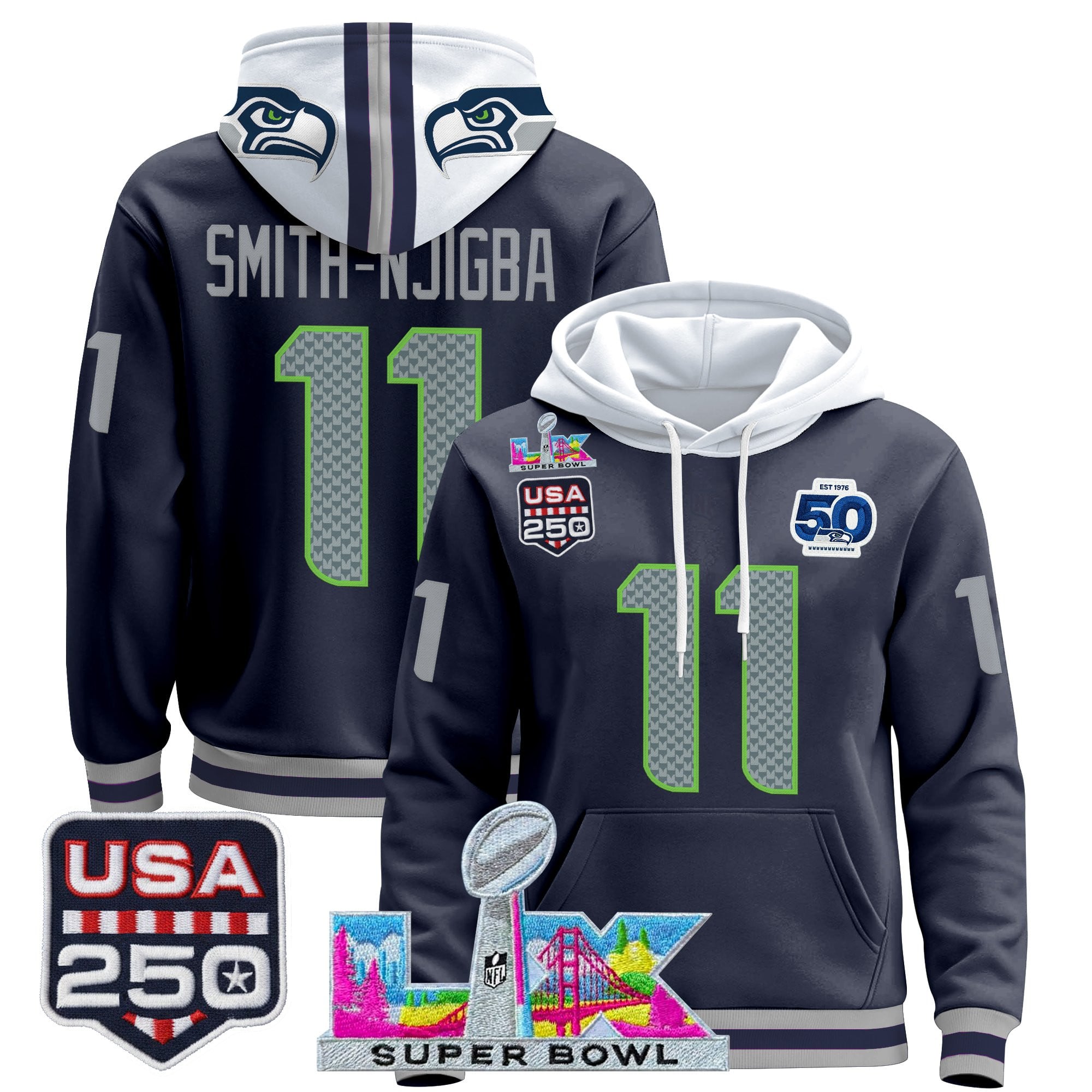 Men's Seattle Seahawks "Super Bowl LX & United States 250th Anniversary Patch" Premier Hoodie - All Stitched