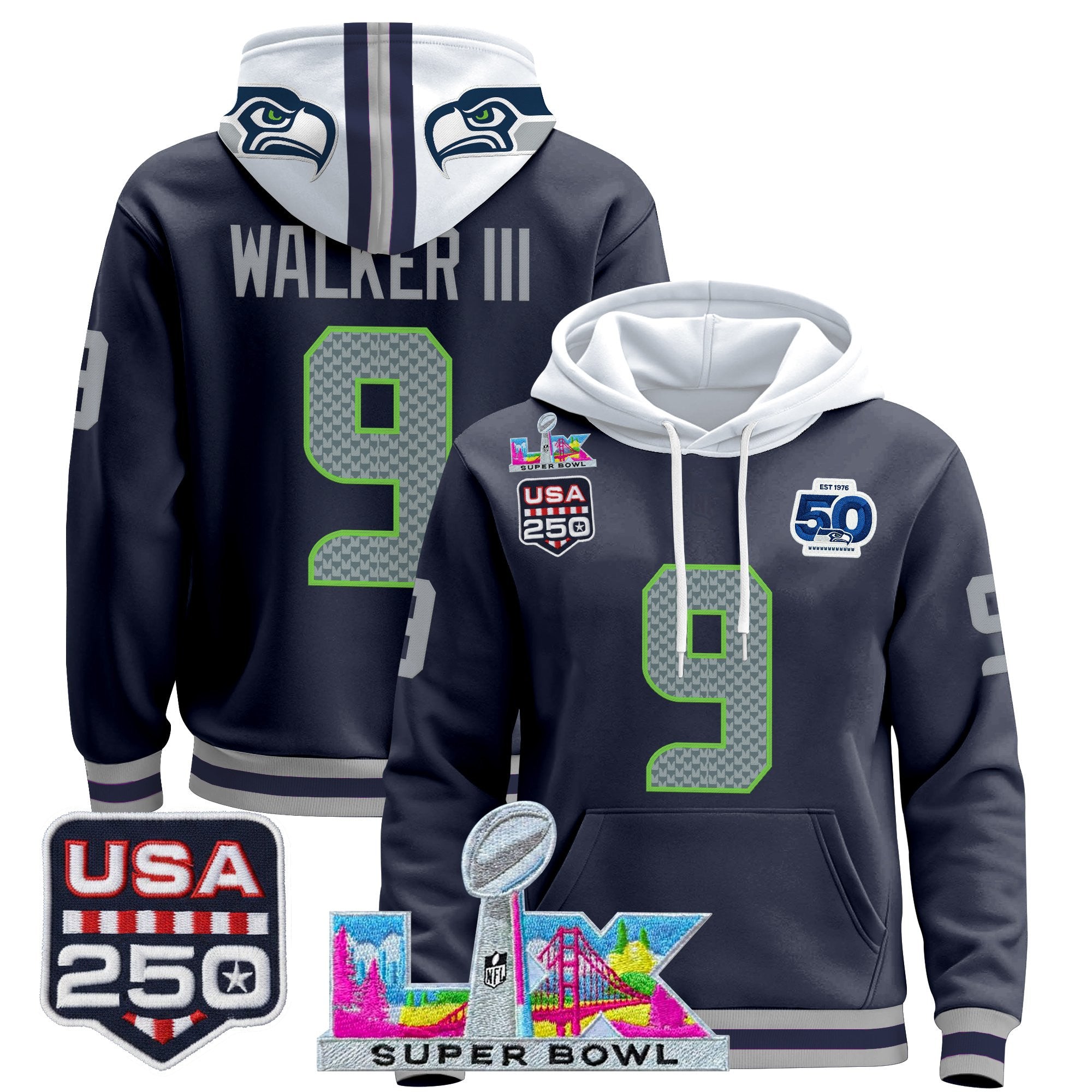 Men's Seattle Seahawks "Super Bowl LX & United States 250th Anniversary Patch" Premier Hoodie - All Stitched