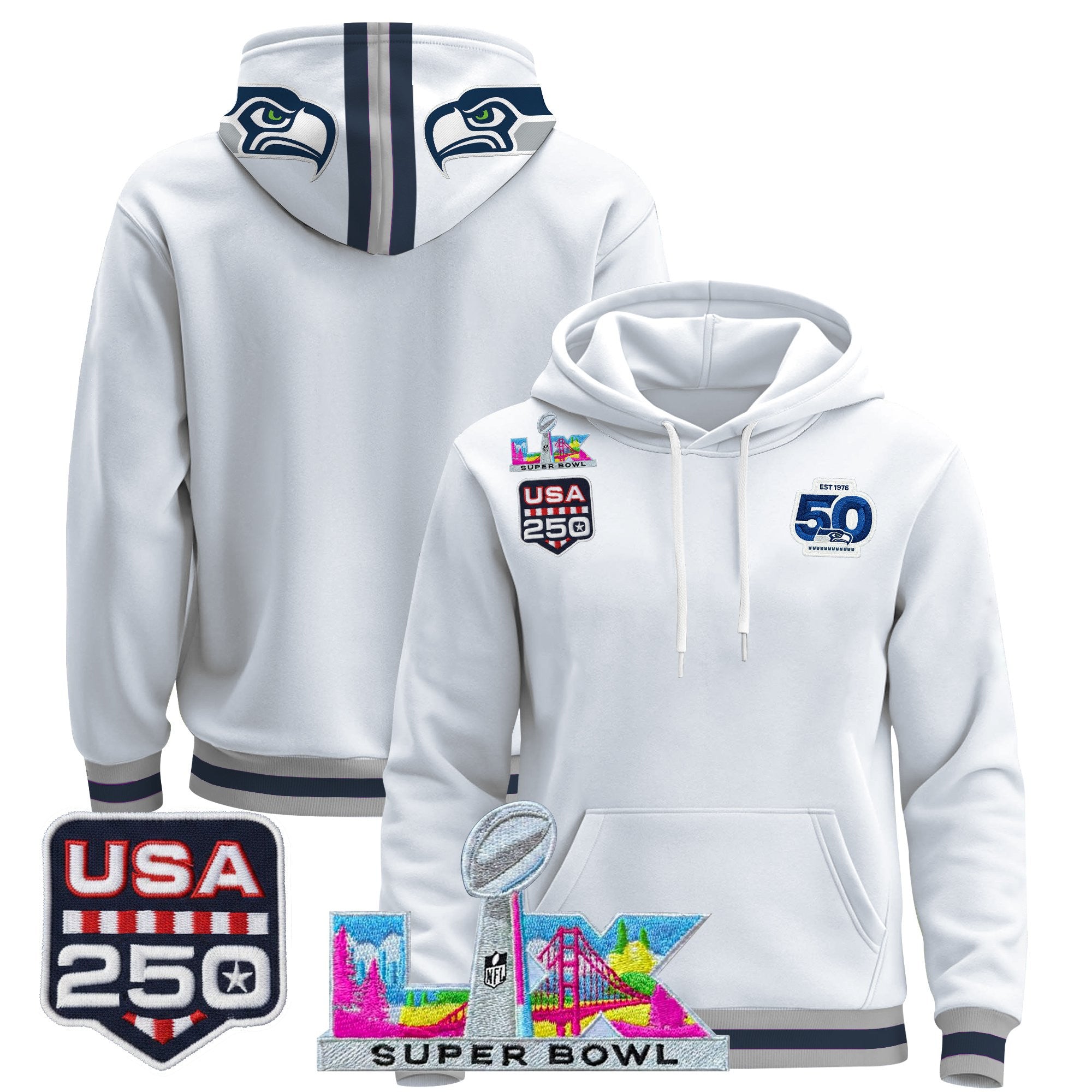 Men's Seattle Seahawks "Super Bowl LX & United States 250th Anniversary Patch" Premier Hoodie - All Stitched