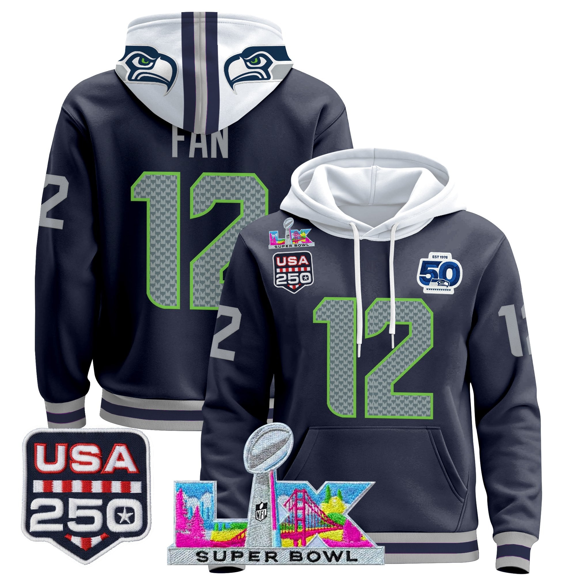 Men's Seattle Seahawks "Super Bowl LX & United States 250th Anniversary Patch" Premier Hoodie - All Stitched