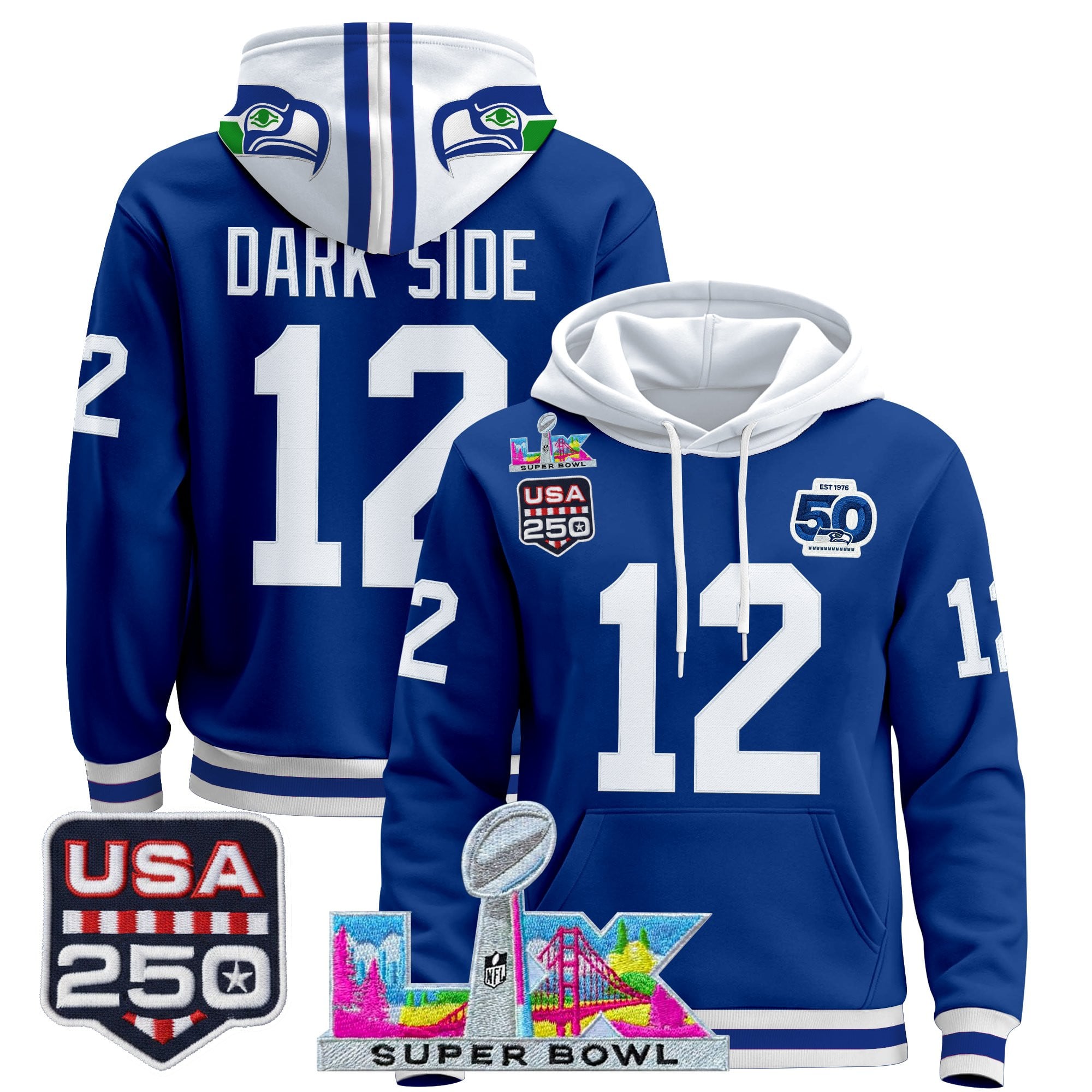 Men's Seattle Seahawks "Super Bowl LX & United States 250th Anniversary Patch" Premier Hoodie - All Stitched