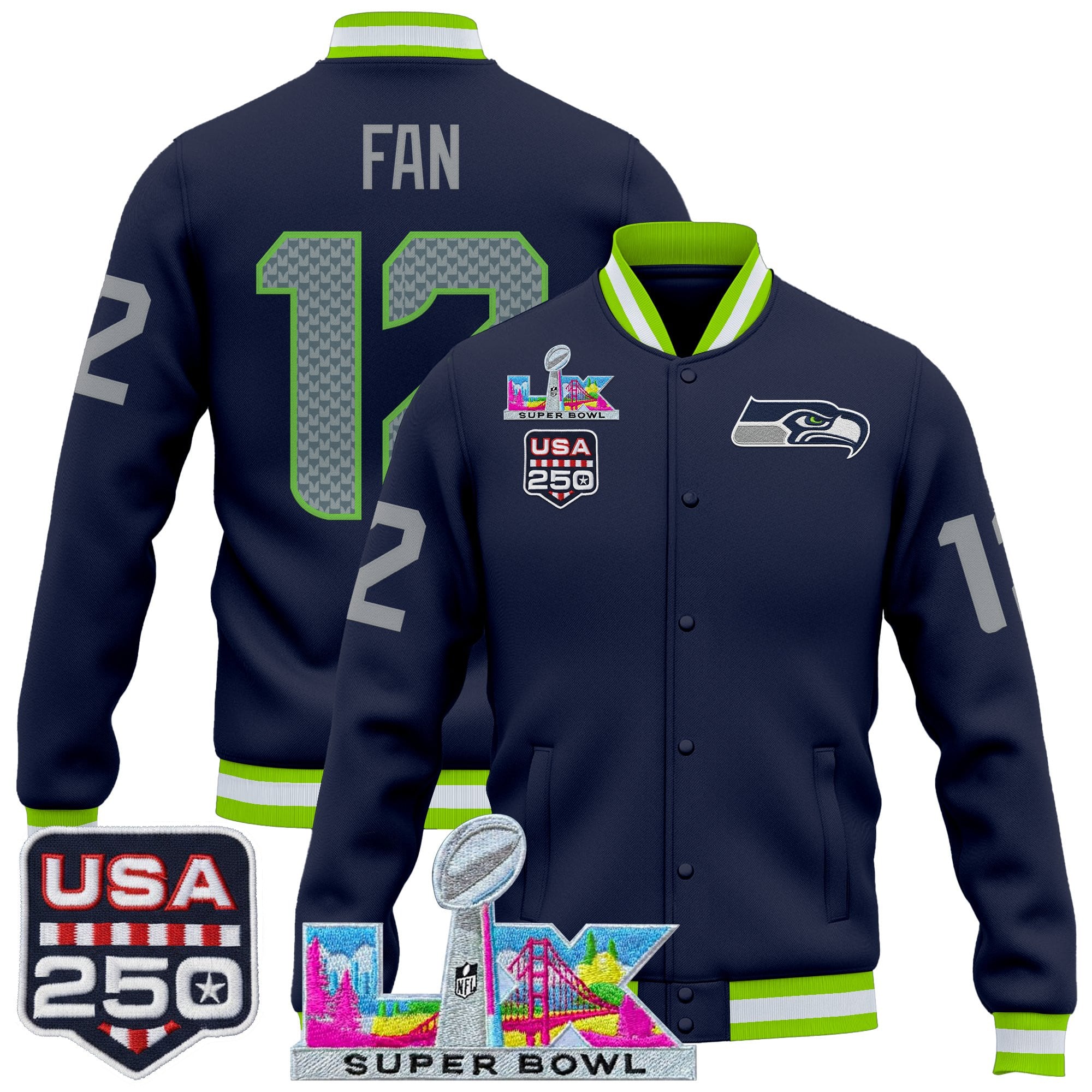 Men's Seattle Seahawks "Super Bowl LX & United States 250th Anniversary Patch" Jacket- All Stitched