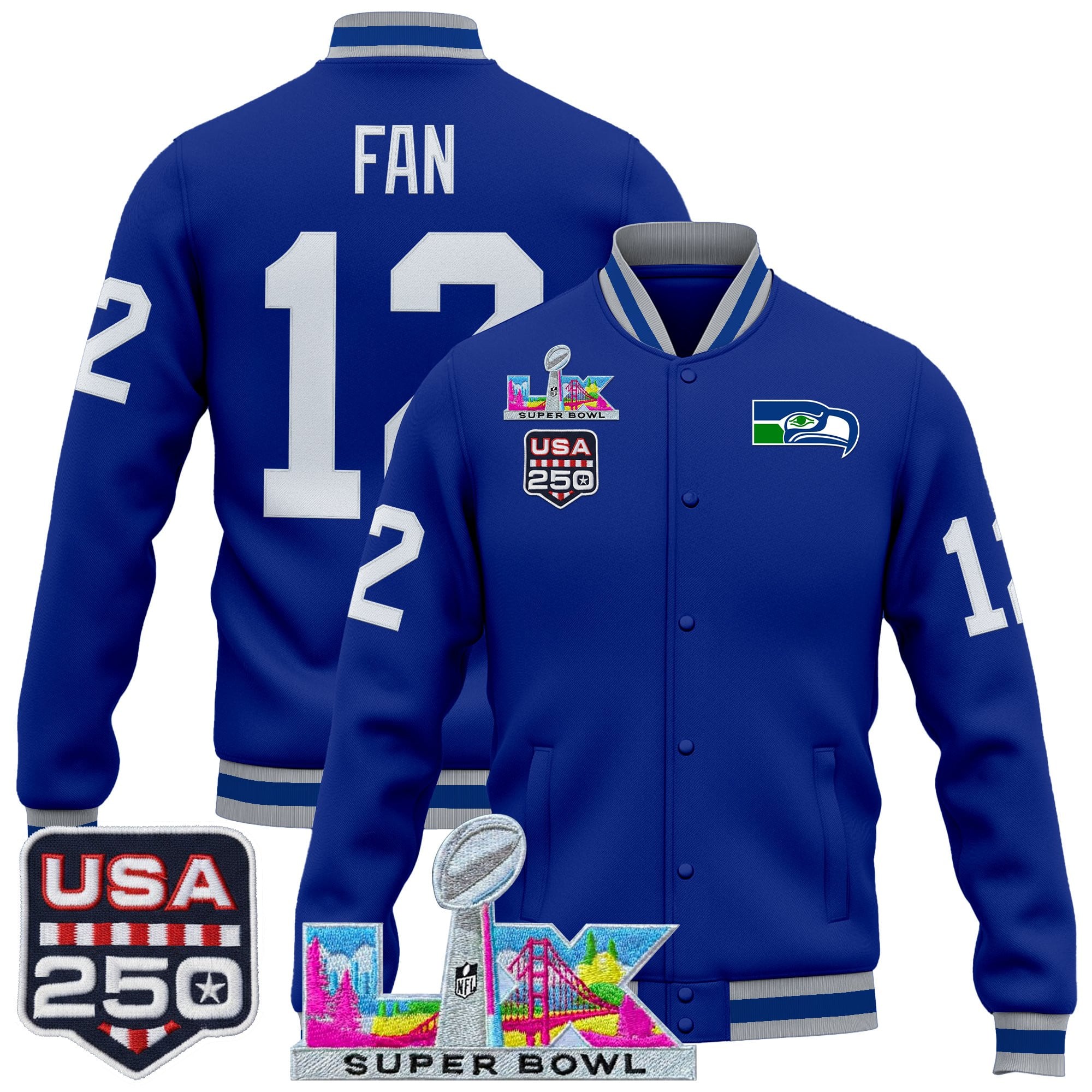 Men's Seattle Seahawks "Super Bowl LX & United States 250th Anniversary Patch" Jacket- All Stitched
