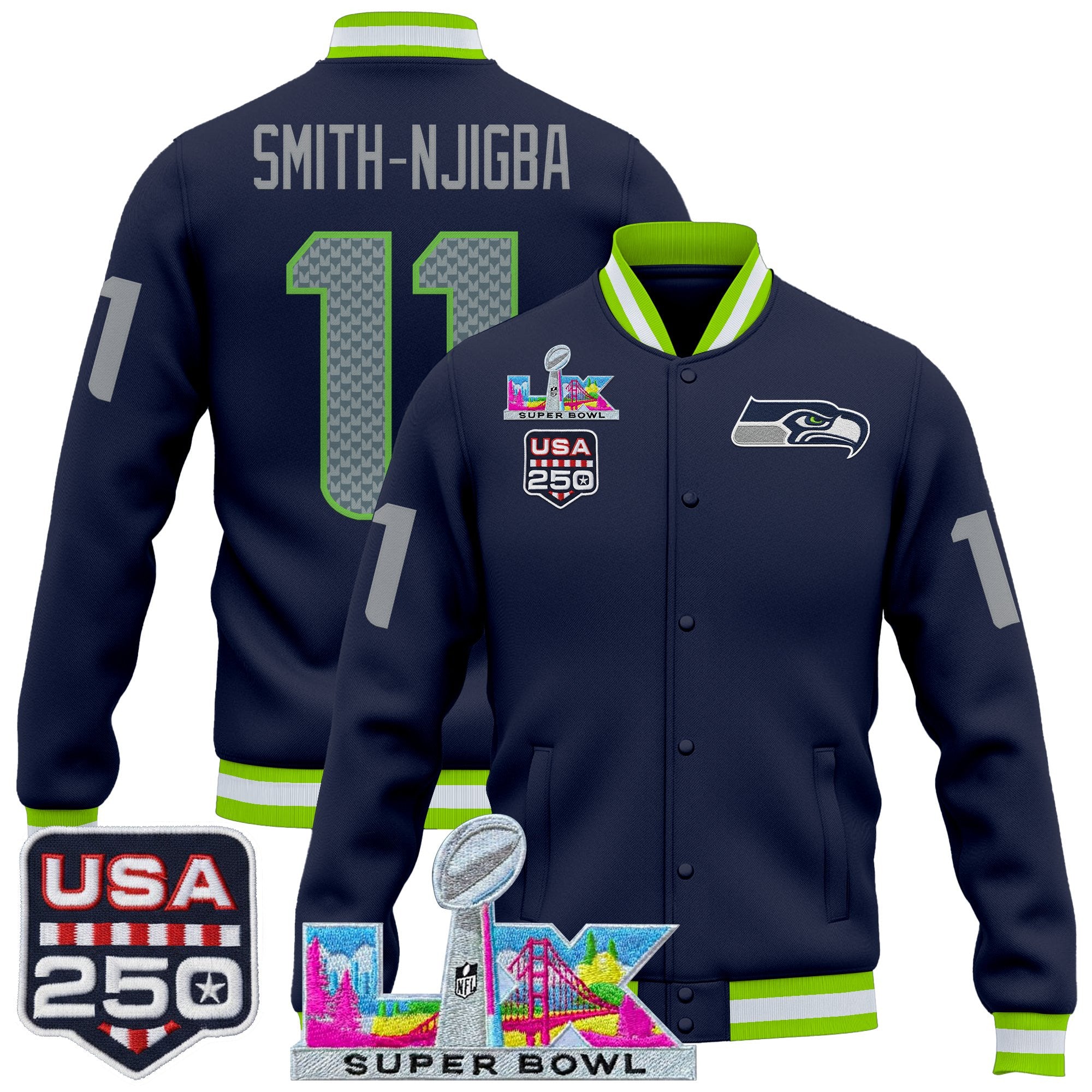 Men's Seattle Seahawks "Super Bowl LX & United States 250th Anniversary Patch" Jacket- All Stitched