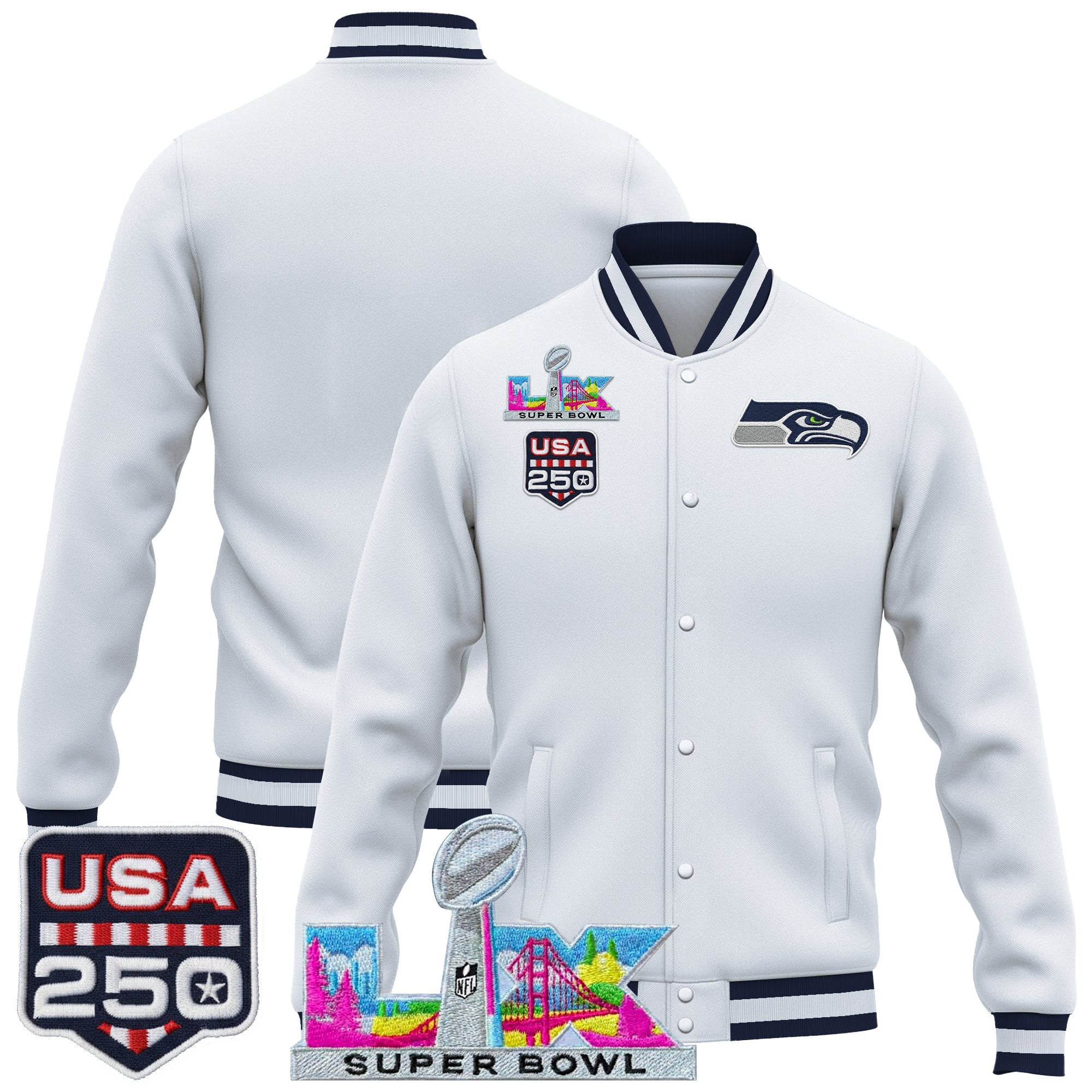 Men's Seattle Seahawks "Super Bowl LX & United States 250th Anniversary Patch" Jacket- All Stitched