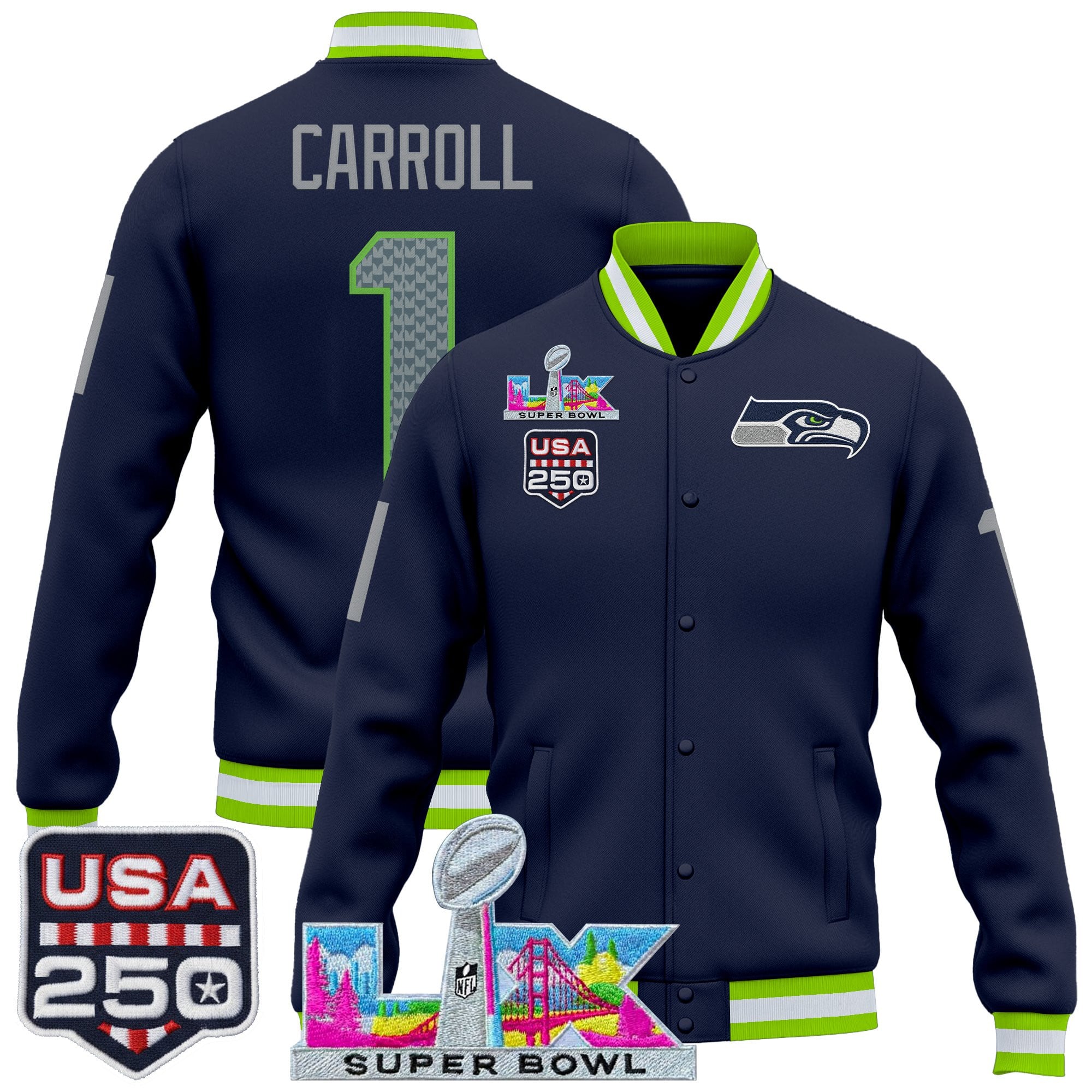 Men's Seattle Seahawks "Super Bowl LX & United States 250th Anniversary Patch" Jacket- All Stitched