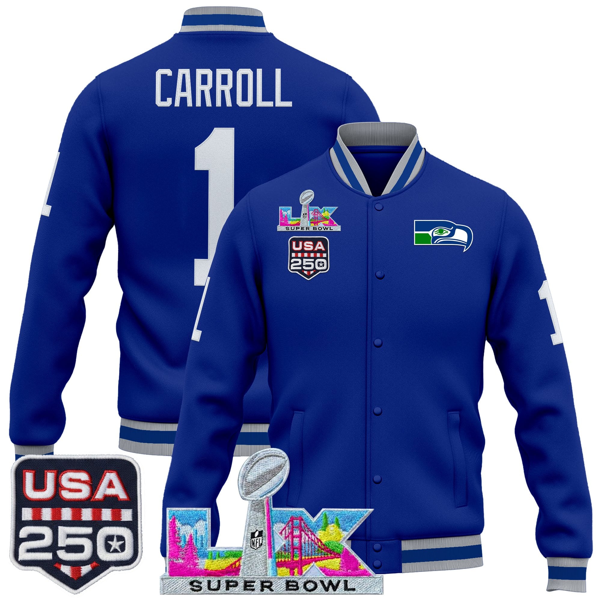 Men's Seattle Seahawks "Super Bowl LX & United States 250th Anniversary Patch" Jacket- All Stitched
