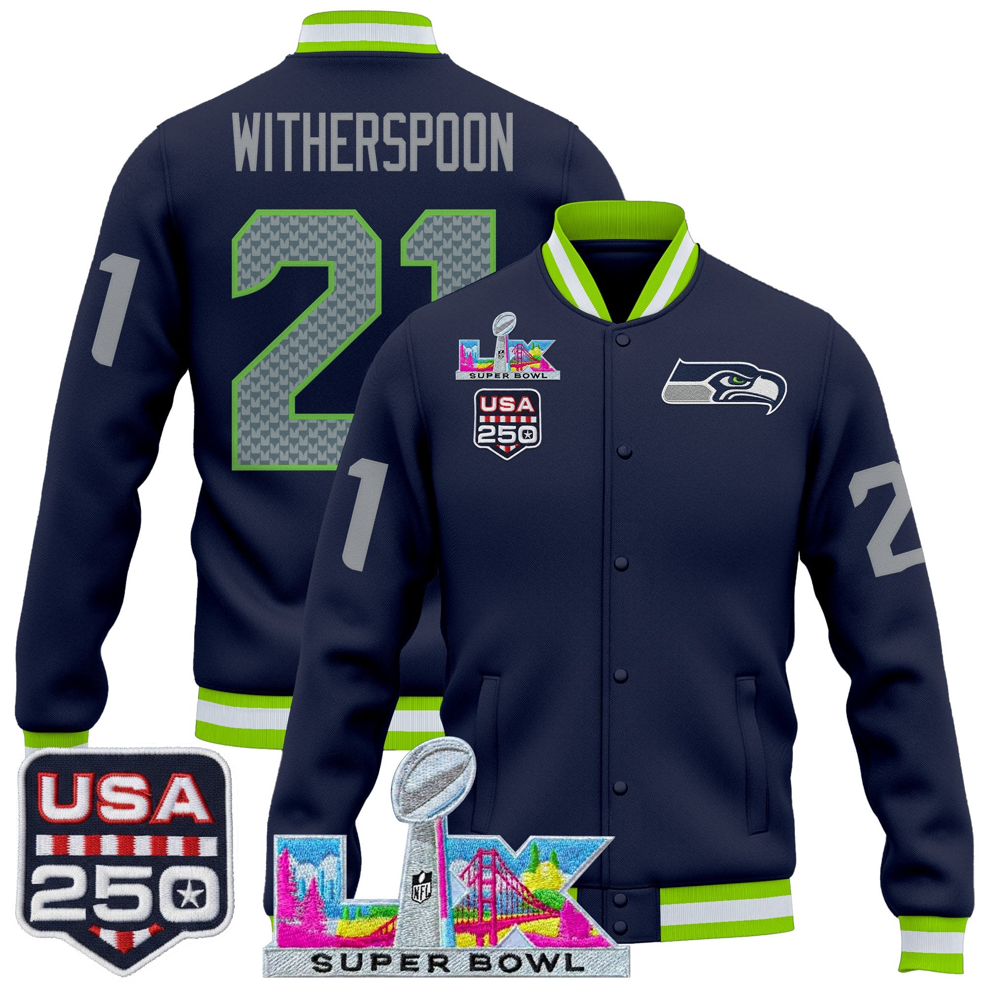 Men's Seattle Seahawks "Super Bowl LX & United States 250th Anniversary Patch" Jacket- All Stitched