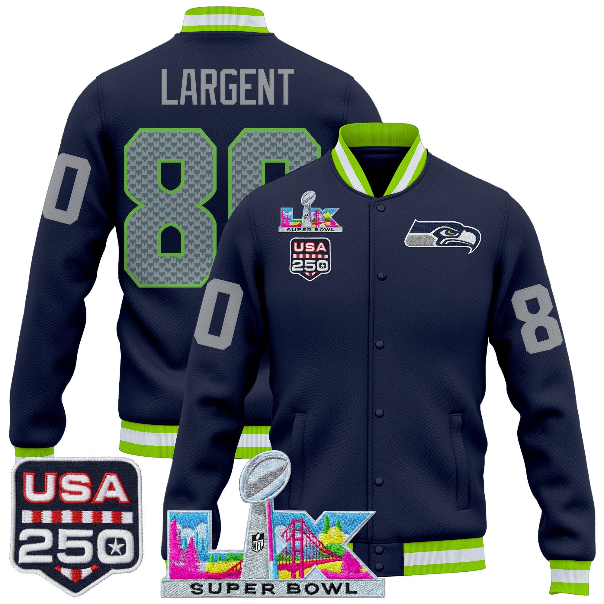 Men's Seattle Seahawks "Super Bowl LX & United States 250th Anniversary Patch" Jacket- All Stitched