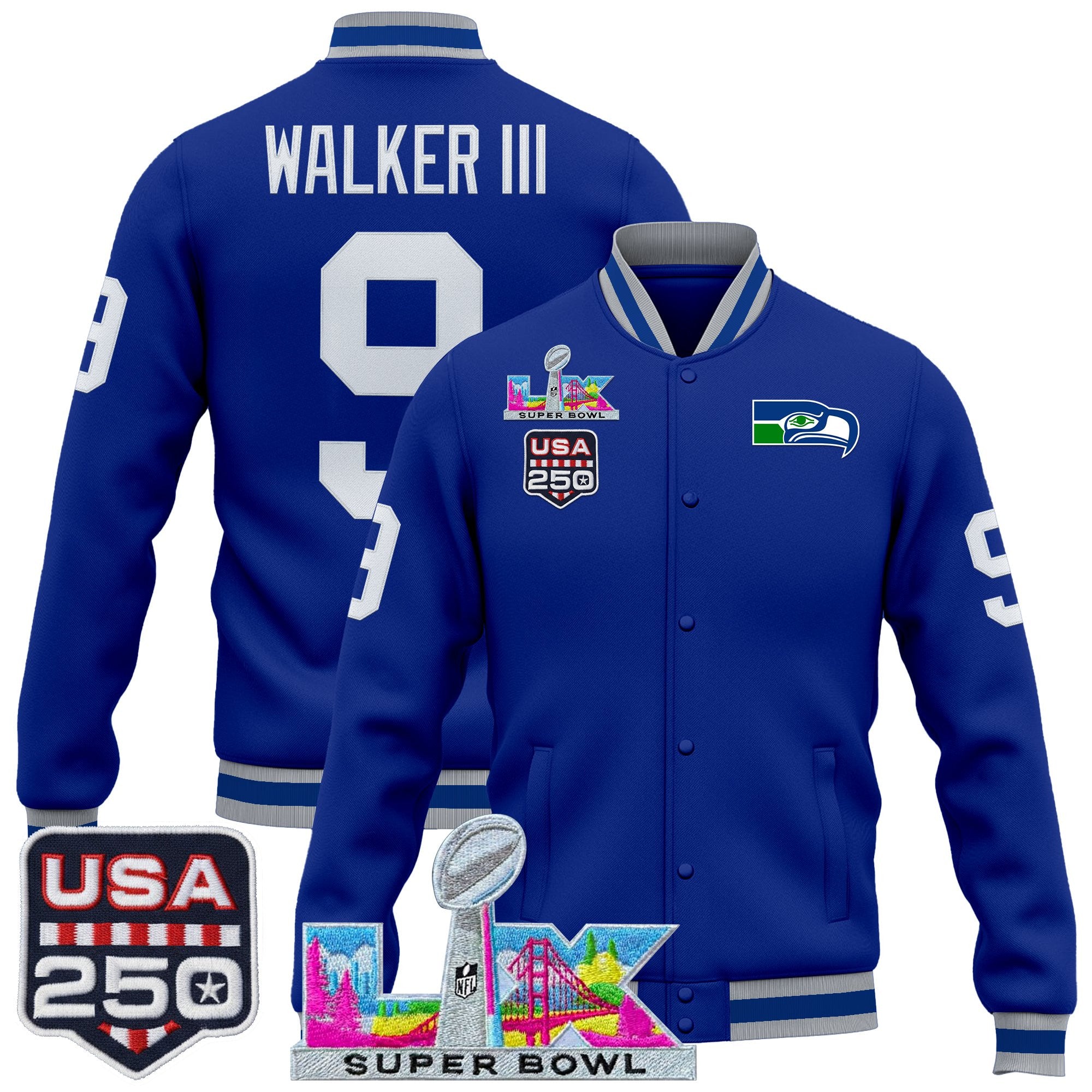 Men's Seattle Seahawks "Super Bowl LX & United States 250th Anniversary Patch" Jacket- All Stitched