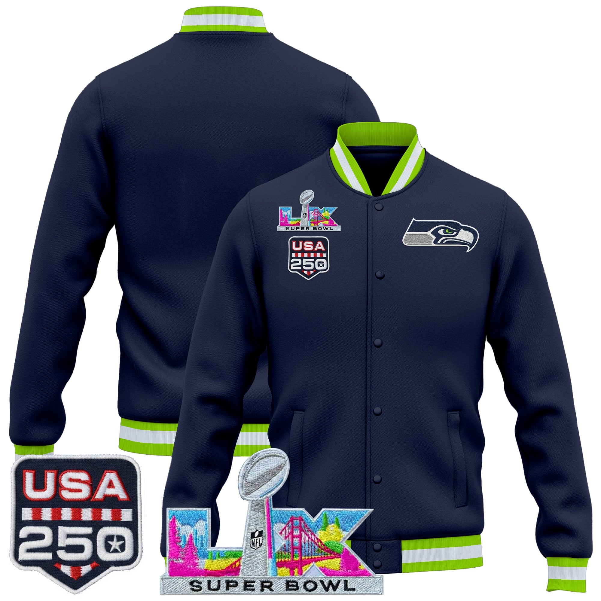Men's Seattle Seahawks "Super Bowl LX & United States 250th Anniversary Patch" Jacket- All Stitched