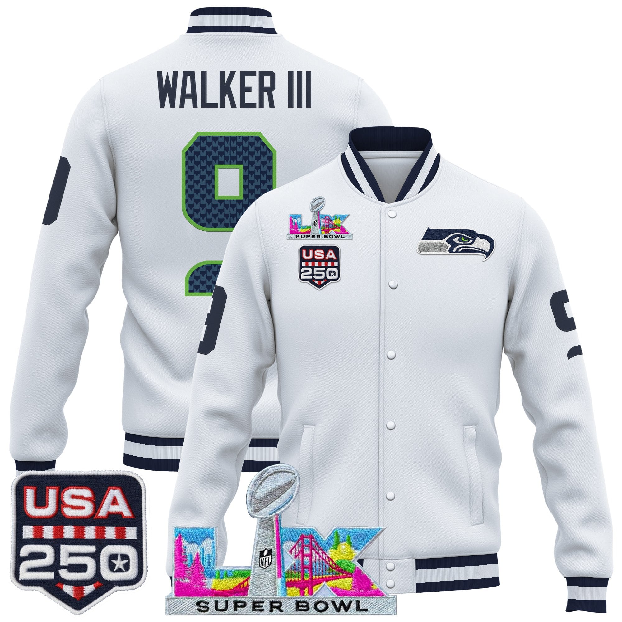 Men's Seattle Seahawks "Super Bowl LX & United States 250th Anniversary Patch" Jacket- All Stitched