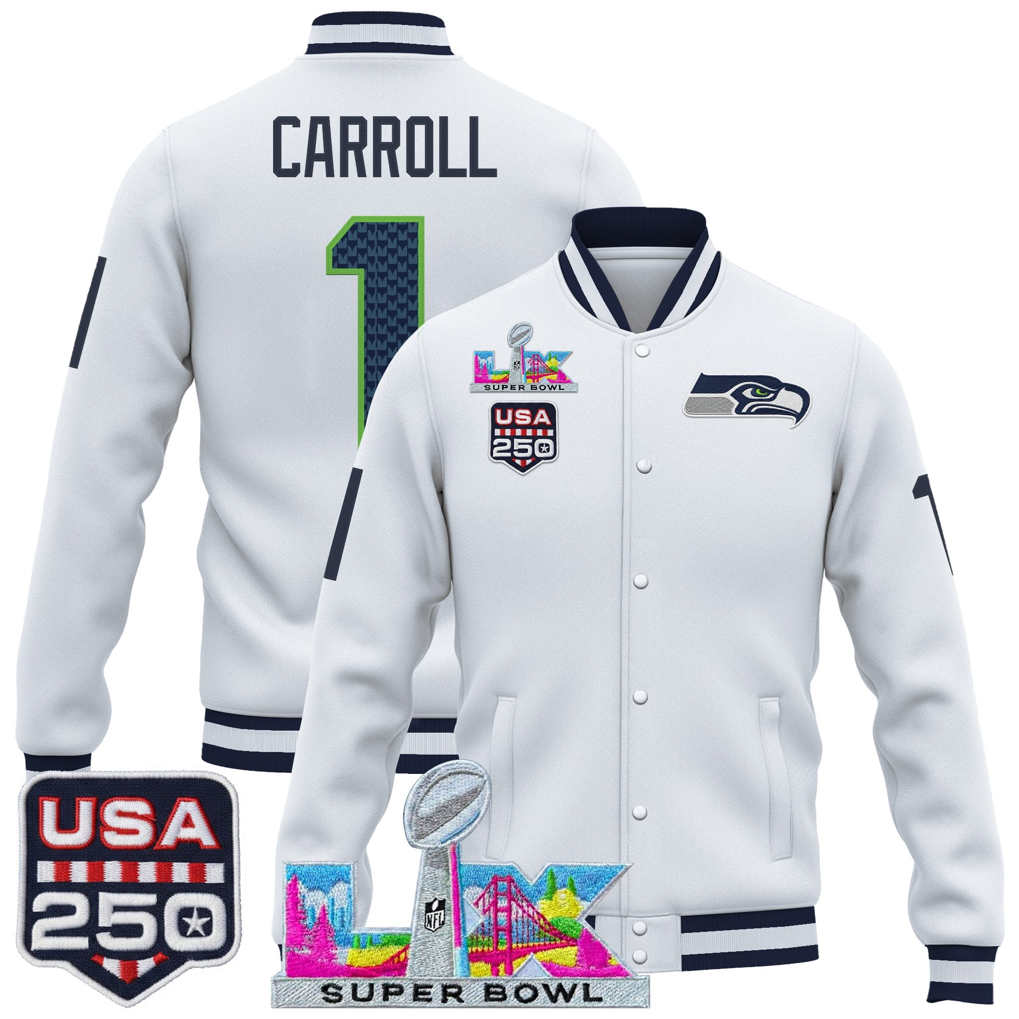 Men's Seattle Seahawks "Super Bowl LX & United States 250th Anniversary Patch" Jacket- All Stitched