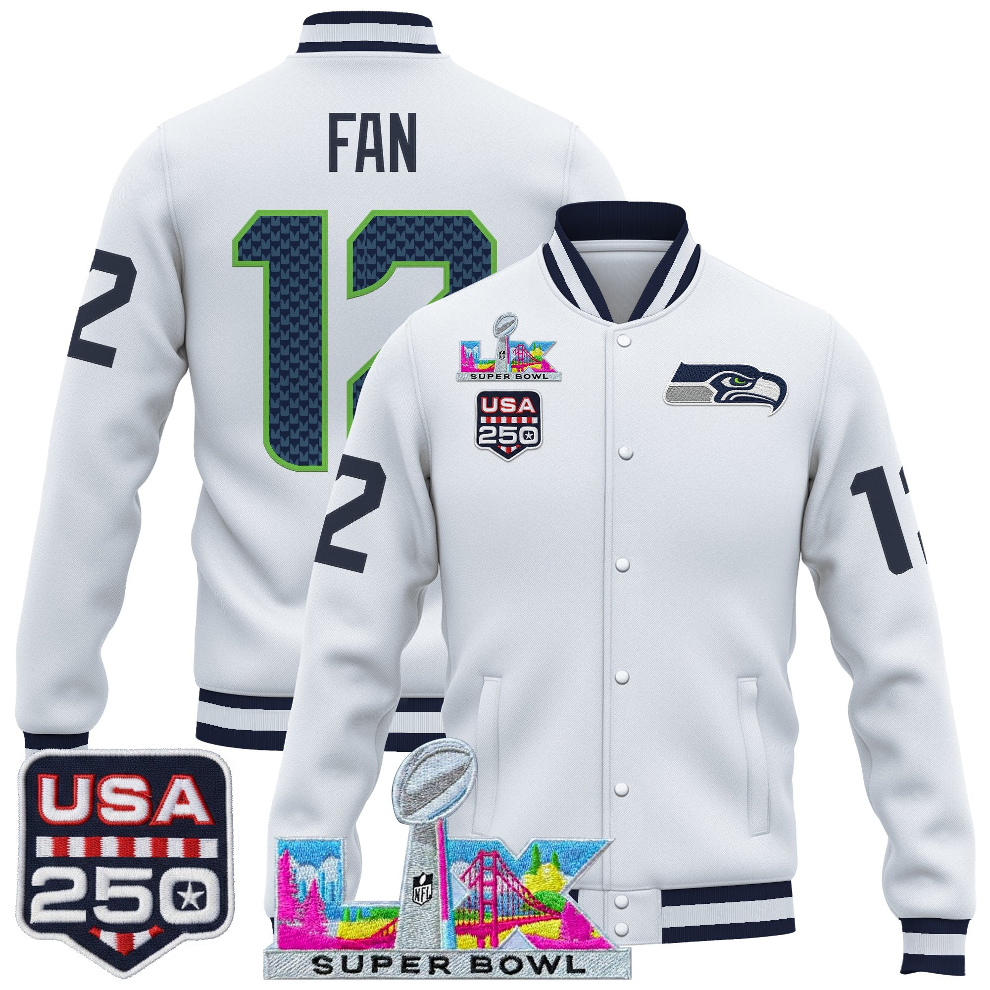 Men's Seattle Seahawks "Super Bowl LX & United States 250th Anniversary Patch" Jacket- All Stitched