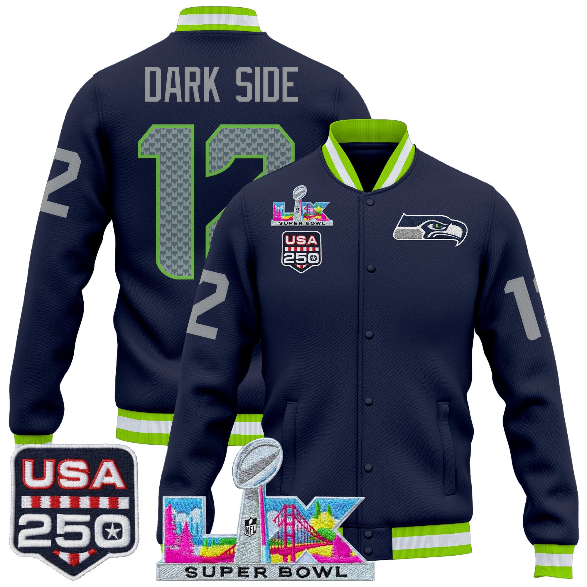 Men's Seattle Seahawks "Super Bowl LX & United States 250th Anniversary Patch" Jacket- All Stitched