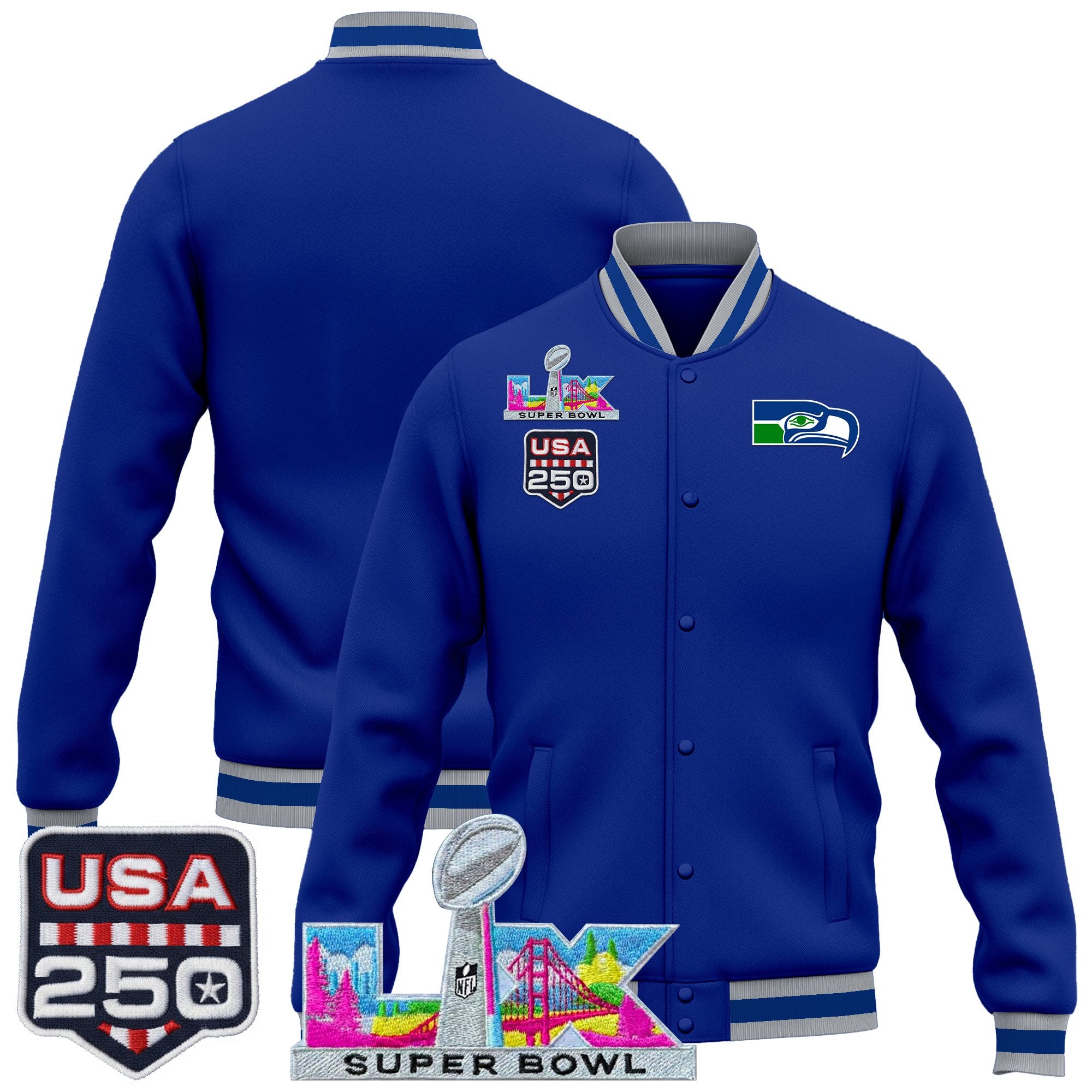 Men's Seattle Seahawks "Super Bowl LX & United States 250th Anniversary Patch" Jacket- All Stitched