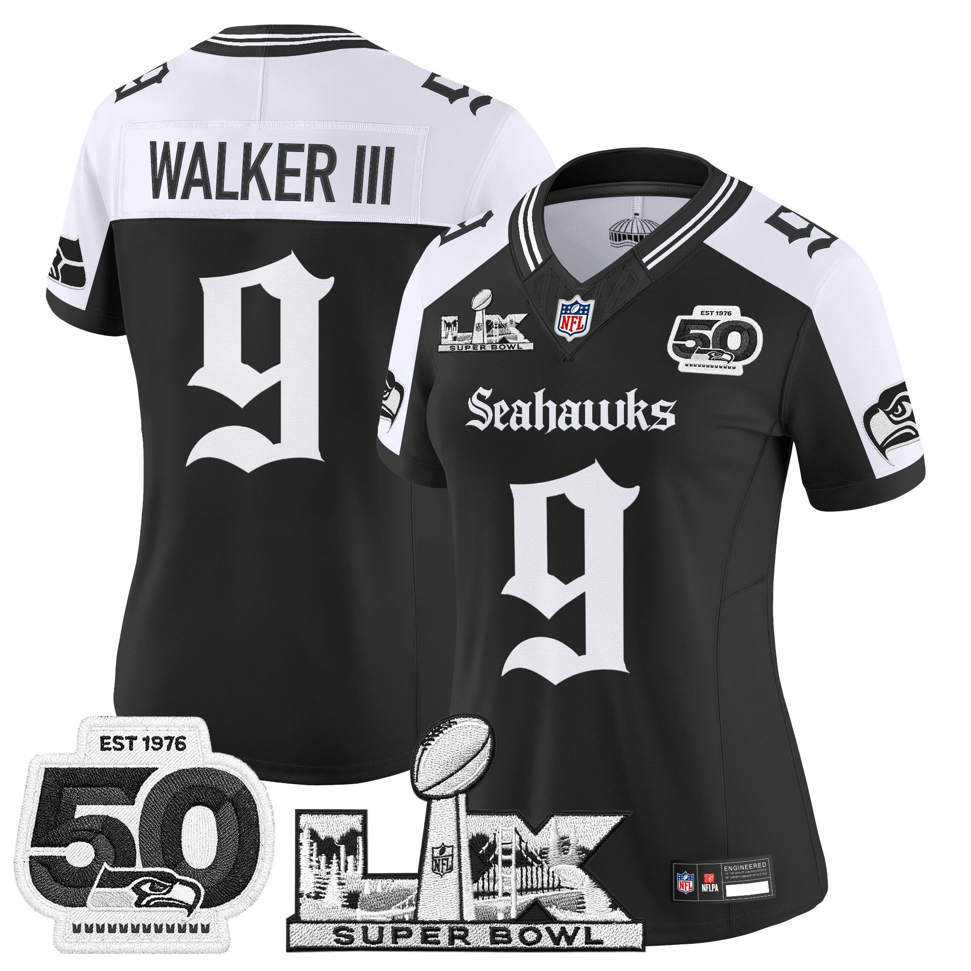 Women's Seattle Seahawks "Super Bowl LX & 50th Patch" Vapor Limited Jersey - Gothic Edition - All Stitched