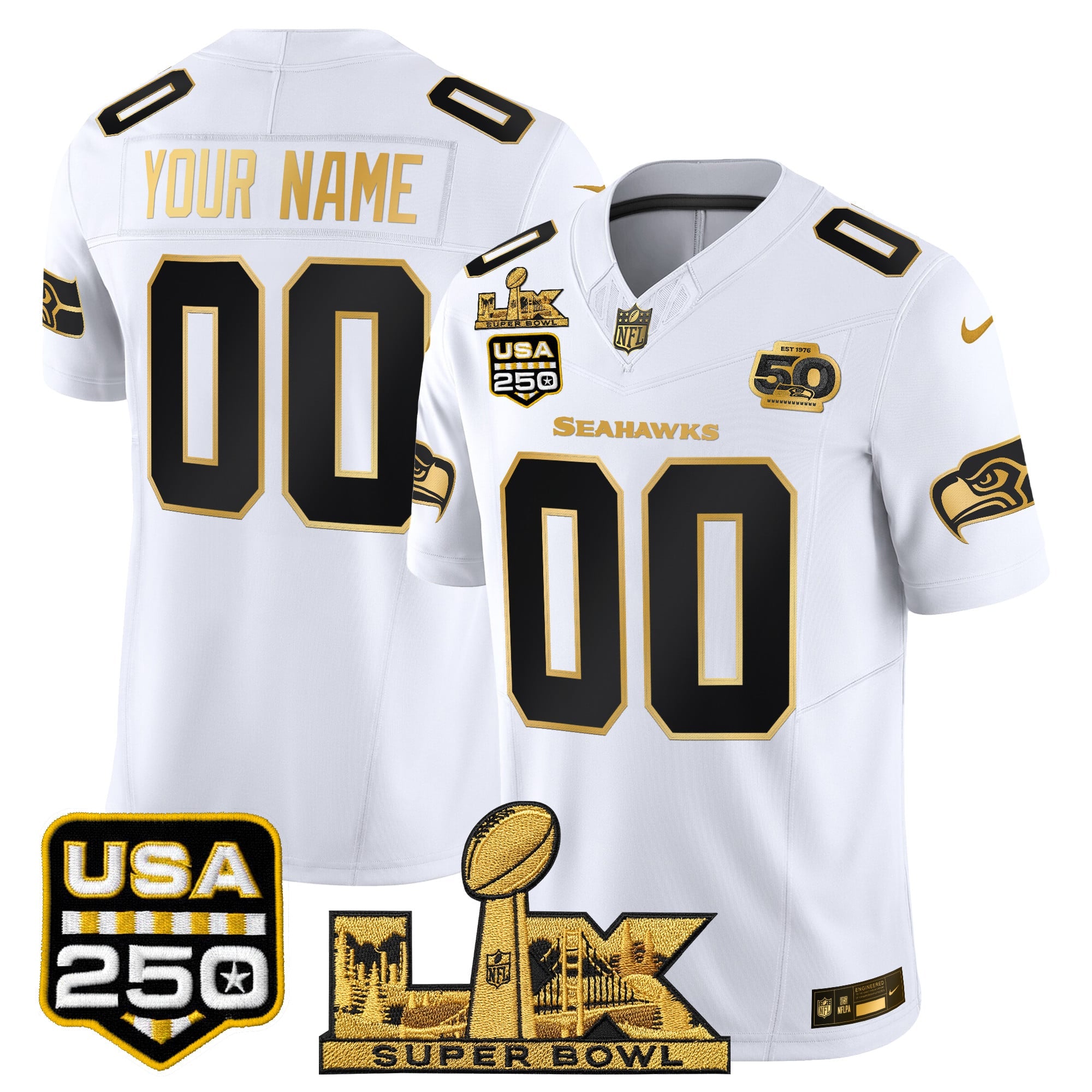 Seattle Seahawks "Super Bowl LX & United States 250th Anniversary Patch" Gold Vapor Limited Custom Jersey - All Stitched