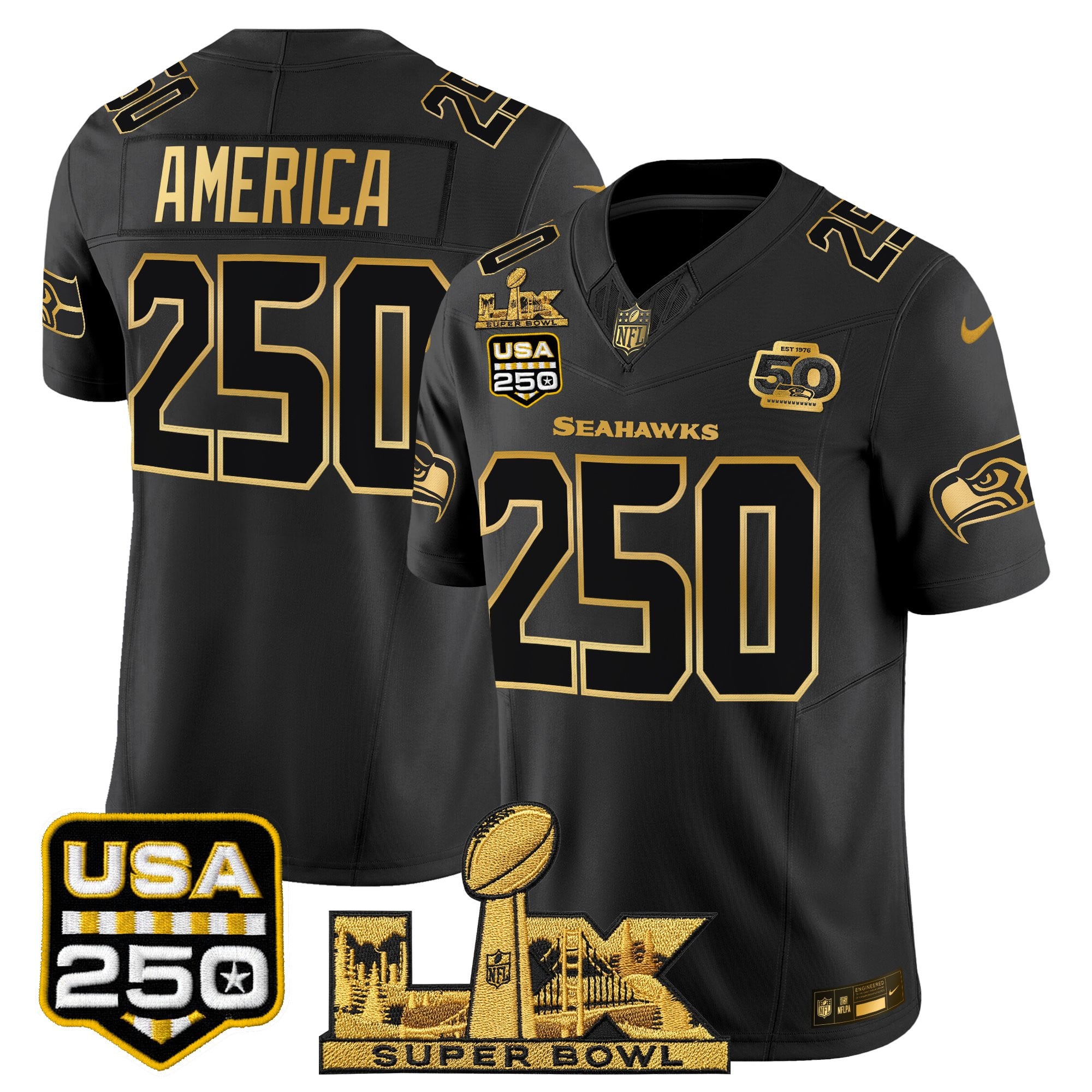 Men's Seattle Seahawks "Super Bowl LX & United States 250th Anniversary Patch" Gold Vapor Limited Jersey - All Stitched