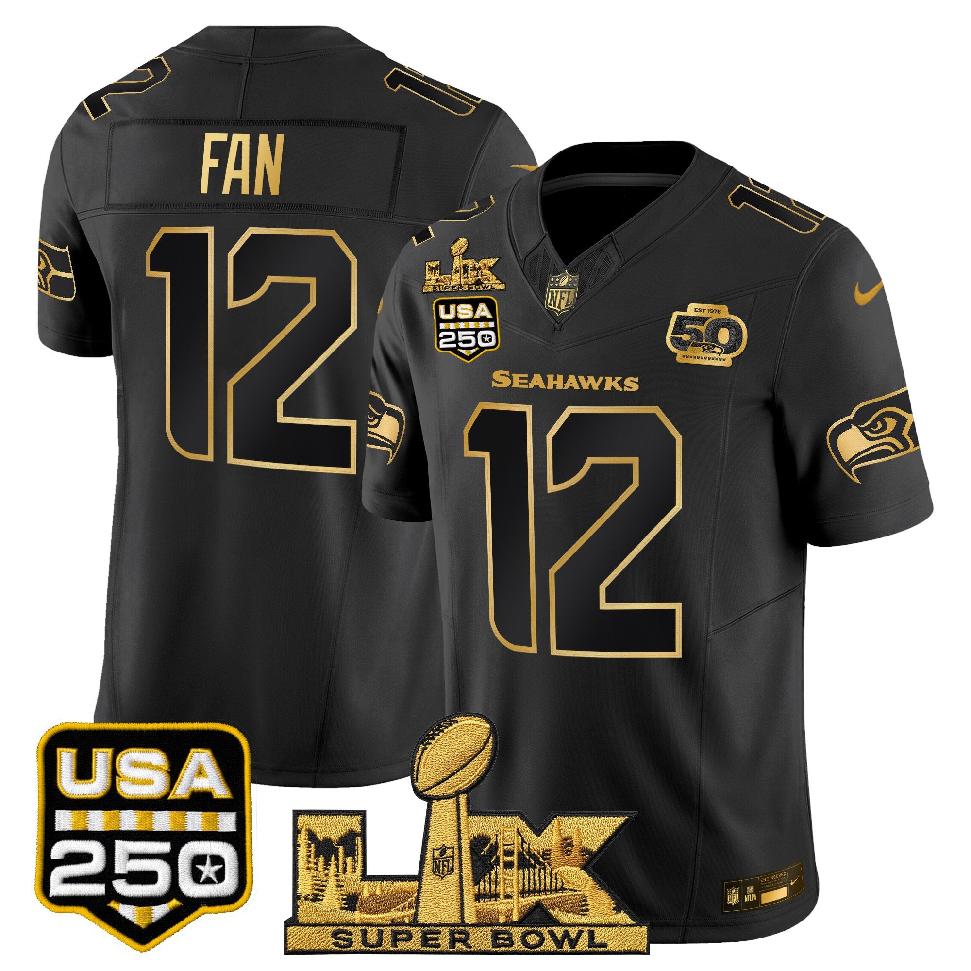 Men's Seattle Seahawks "Super Bowl LX & United States 250th Anniversary Patch" Gold Vapor Limited Jersey - All Stitched