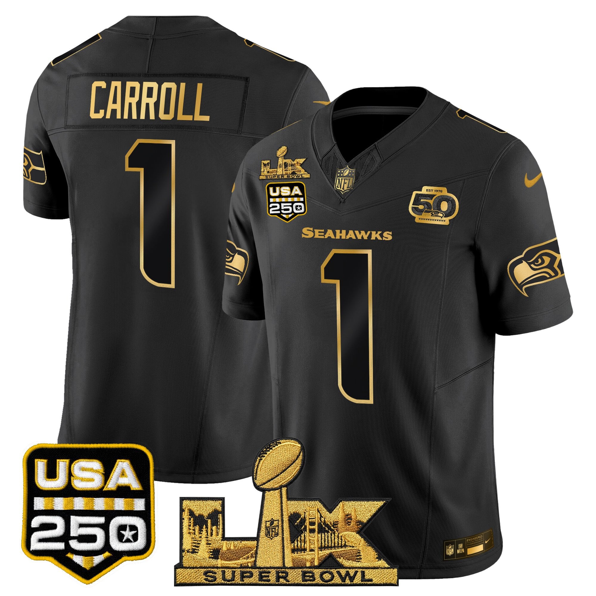 Men's Seattle Seahawks "Super Bowl LX & United States 250th Anniversary Patch" Gold Vapor Limited Jersey - All Stitched