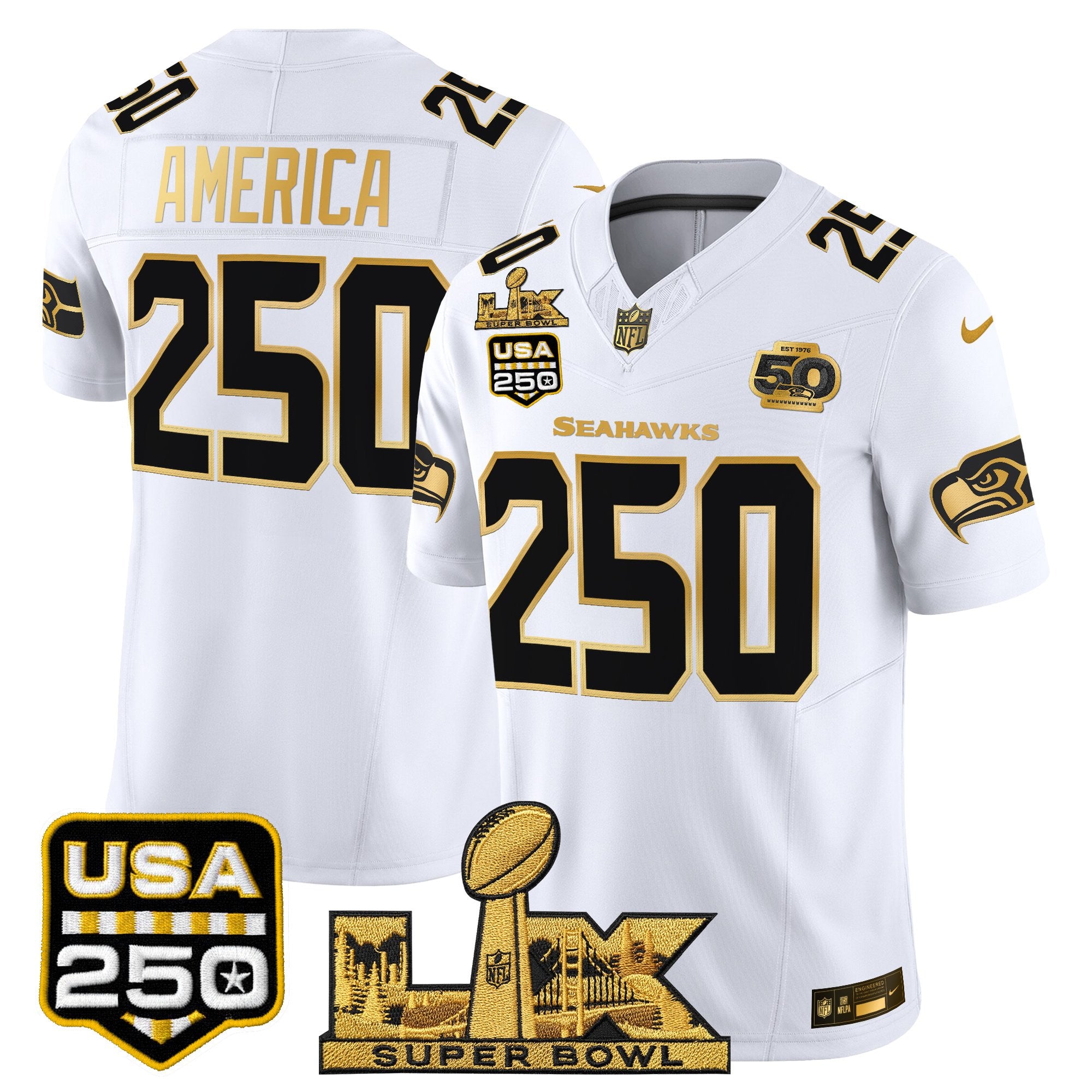 Men's Seattle Seahawks "Super Bowl LX & United States 250th Anniversary Patch" Gold Vapor Limited Jersey - All Stitched