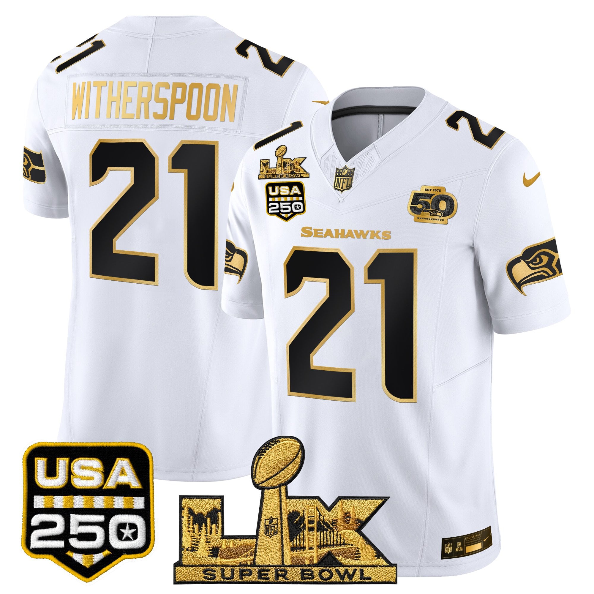 Men's Seattle Seahawks "Super Bowl LX & United States 250th Anniversary Patch" Gold Vapor Limited Jersey - All Stitched