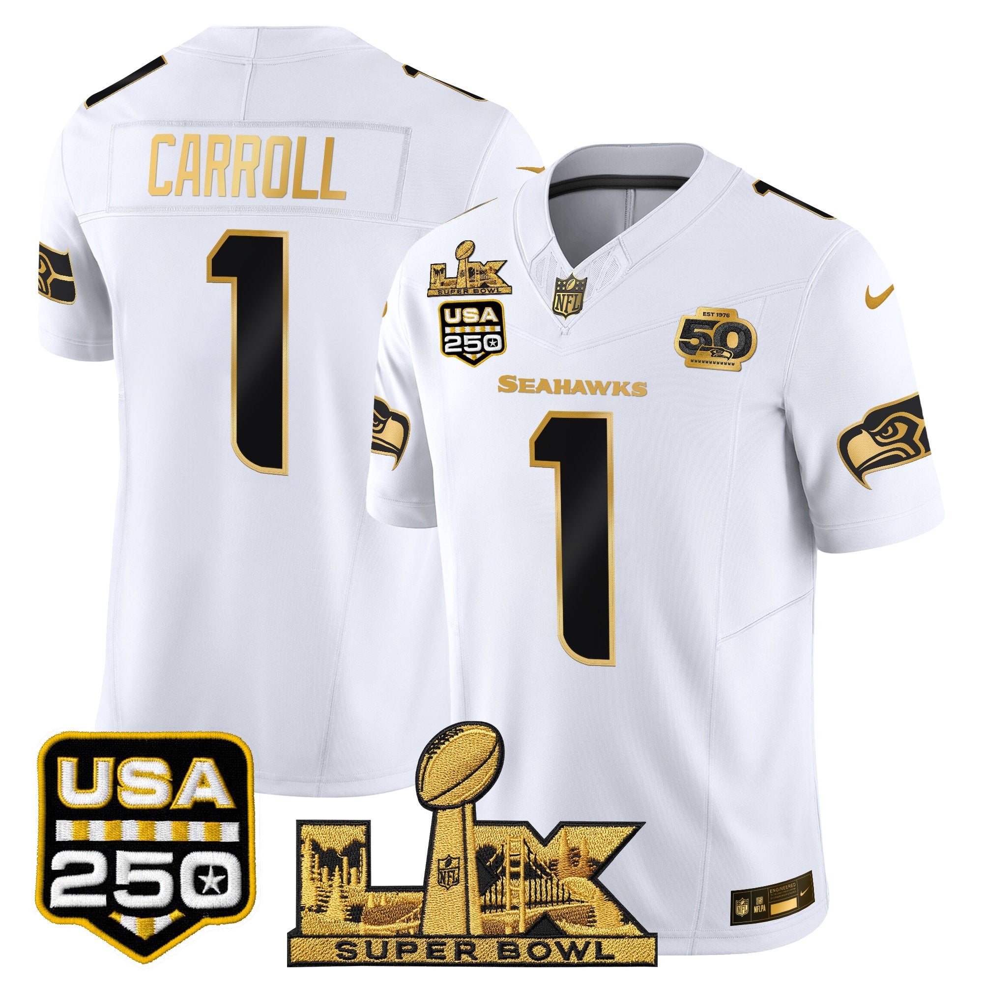 Men's Seattle Seahawks "Super Bowl LX & United States 250th Anniversary Patch" Gold Vapor Limited Jersey - All Stitched