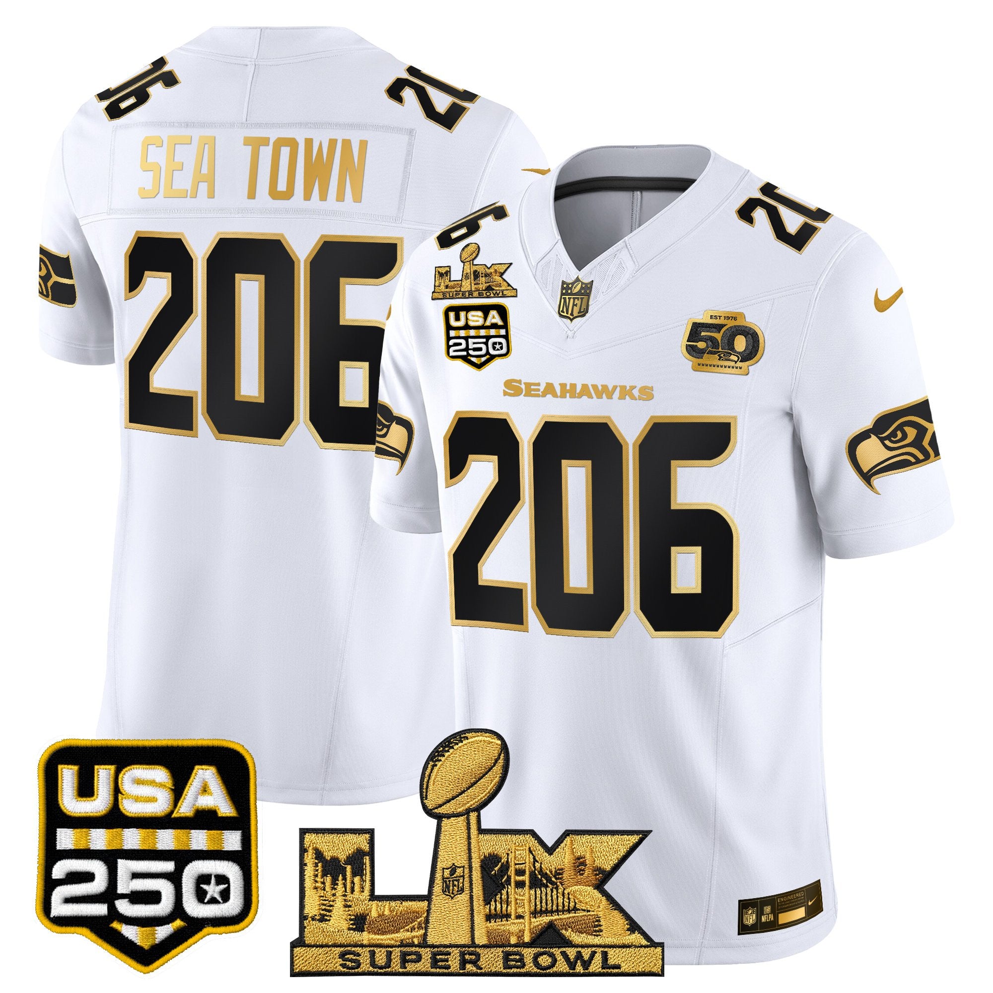 Men's Seattle Seahawks "Super Bowl LX & United States 250th Anniversary Patch" Gold Vapor Limited Jersey - All Stitched