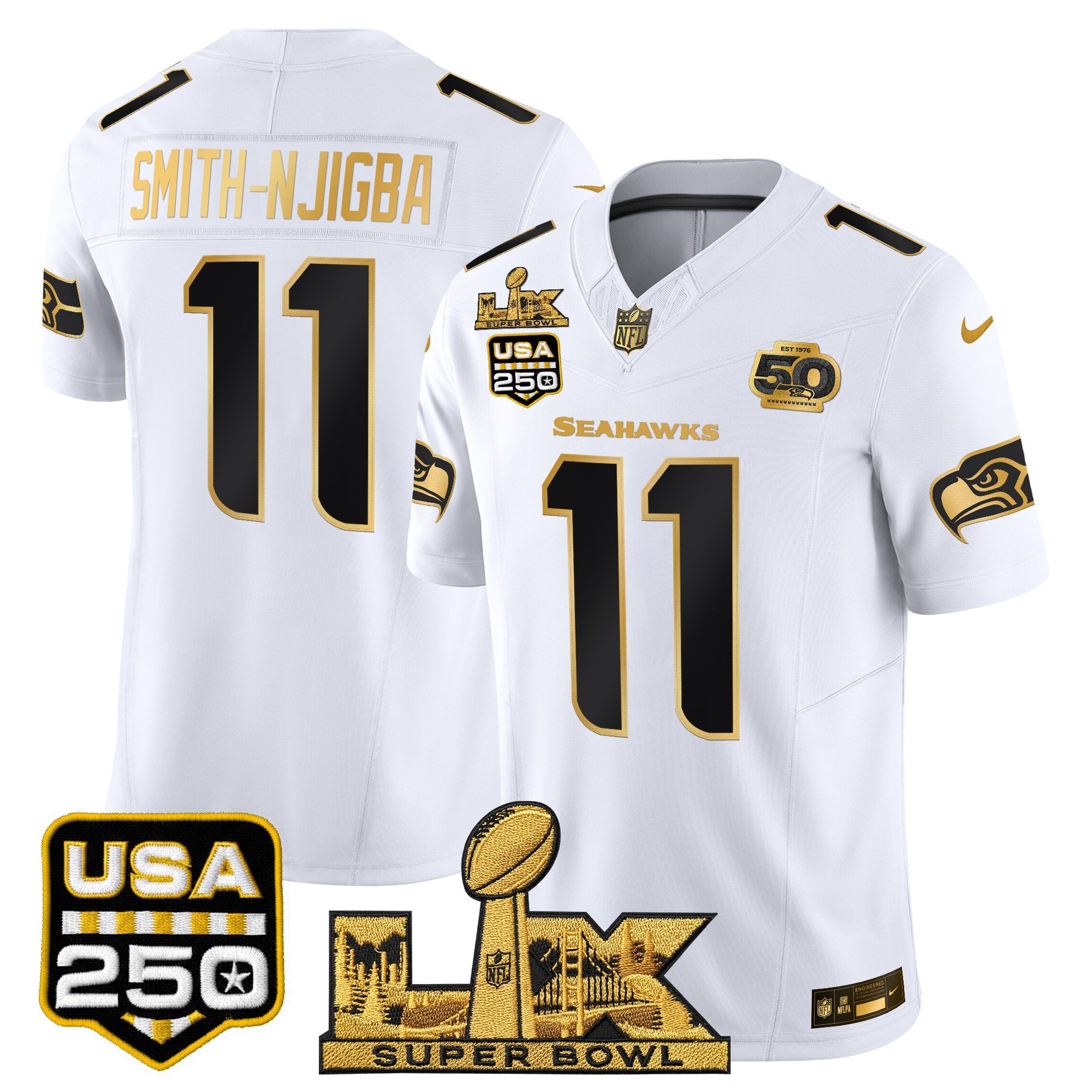 Men's Seattle Seahawks "Super Bowl LX & United States 250th Anniversary Patch" Gold Vapor Limited Jersey - All Stitched
