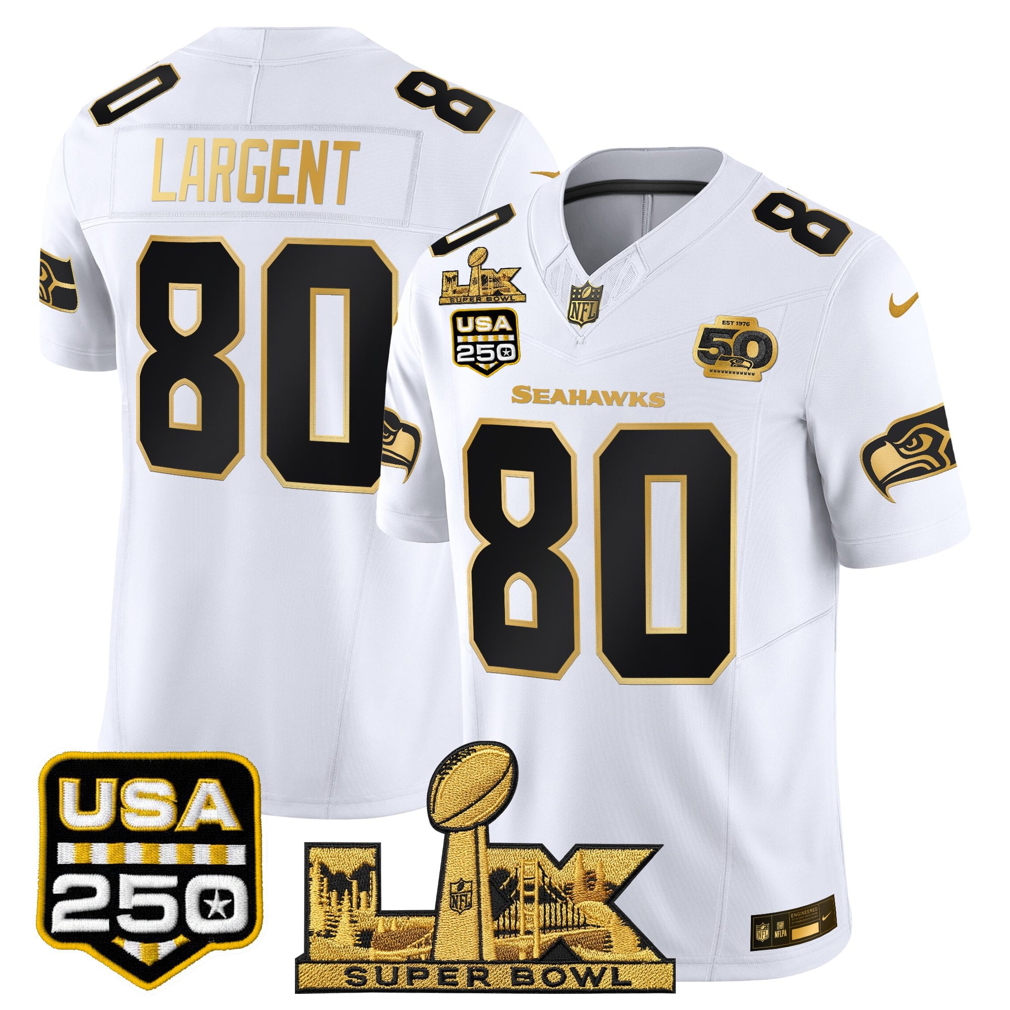 Men's Seattle Seahawks "Super Bowl LX & United States 250th Anniversary Patch" Gold Vapor Limited Jersey - All Stitched