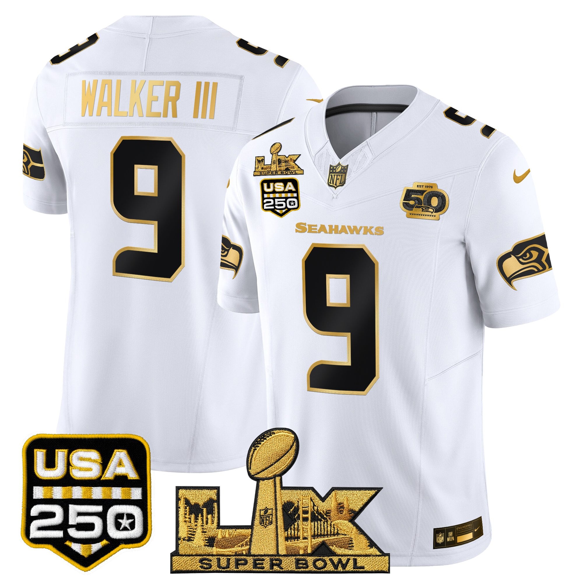Men's Seattle Seahawks "Super Bowl LX & United States 250th Anniversary Patch" Gold Vapor Limited Jersey - All Stitched