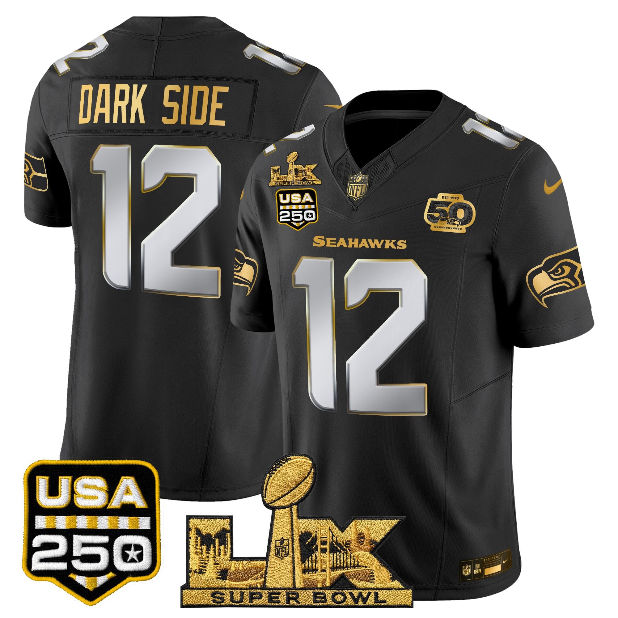 Men's Seattle Seahawks "Super Bowl LX & United States 250th Anniversary Patch" Gold Vapor Limited Jersey - All Stitched