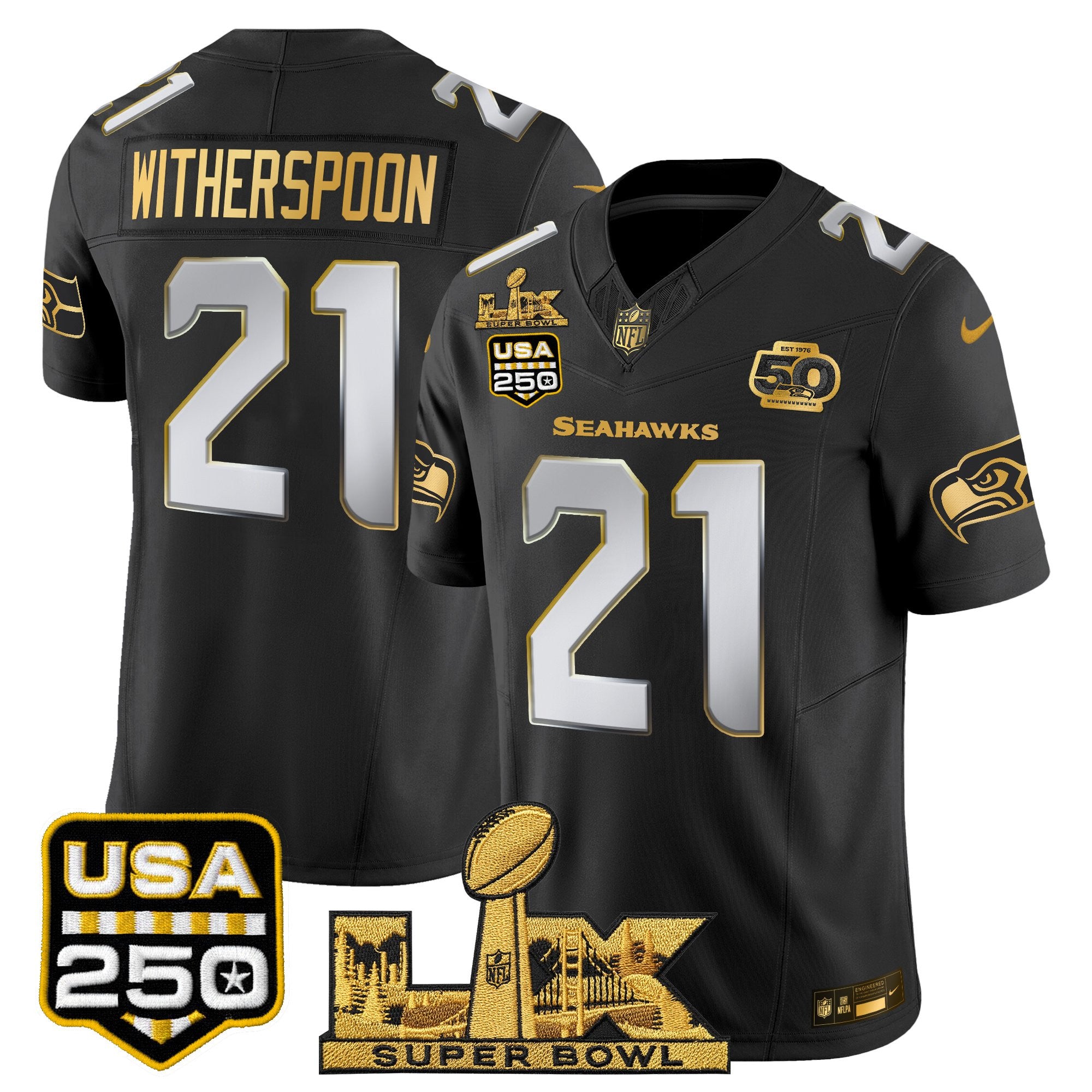 Men's Seattle Seahawks "Super Bowl LX & United States 250th Anniversary Patch" Gold Vapor Limited Jersey - All Stitched