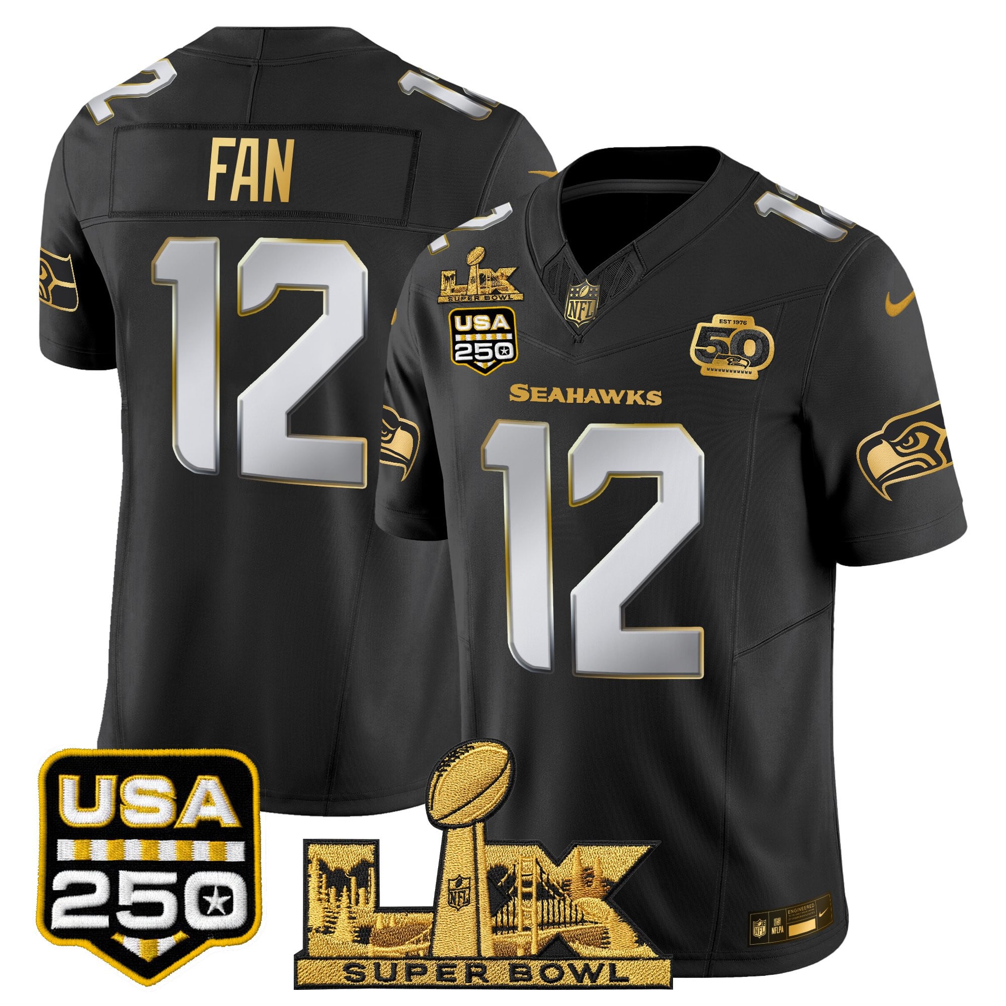 Men's Seattle Seahawks "Super Bowl LX & United States 250th Anniversary Patch" Gold Vapor Limited Jersey - All Stitched