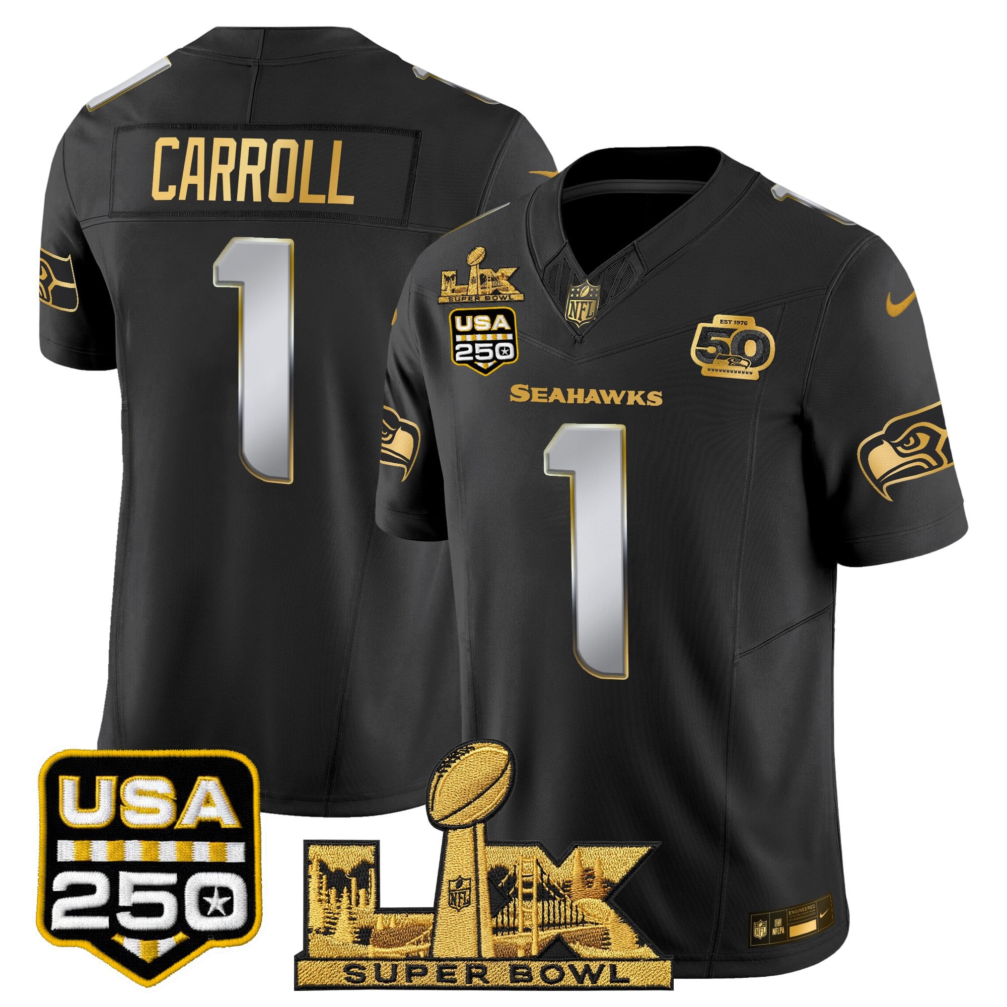 Men's Seattle Seahawks "Super Bowl LX & United States 250th Anniversary Patch" Gold Vapor Limited Jersey - All Stitched