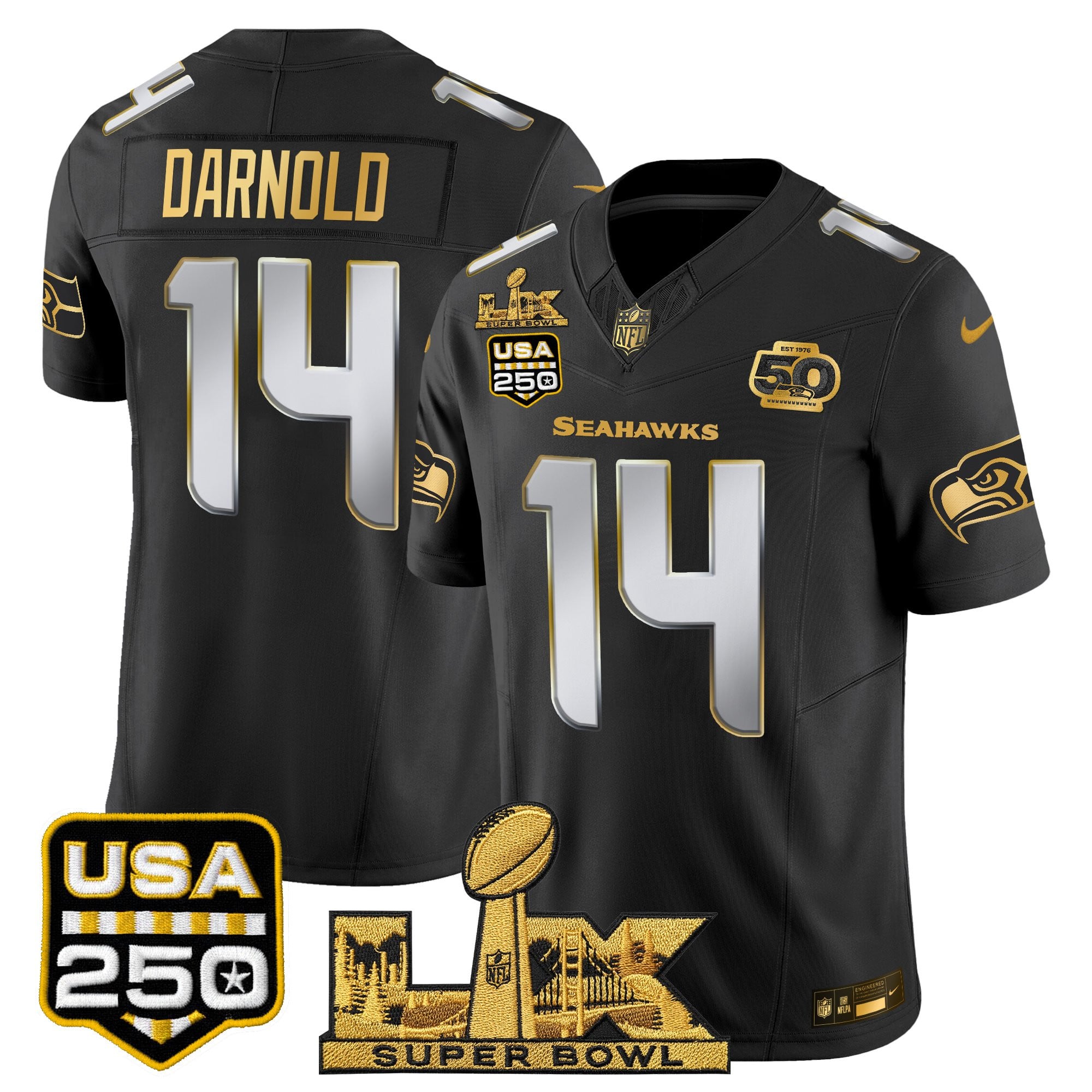 Men's Seattle Seahawks "Super Bowl LX & United States 250th Anniversary Patch" Gold Vapor Limited Jersey - All Stitched