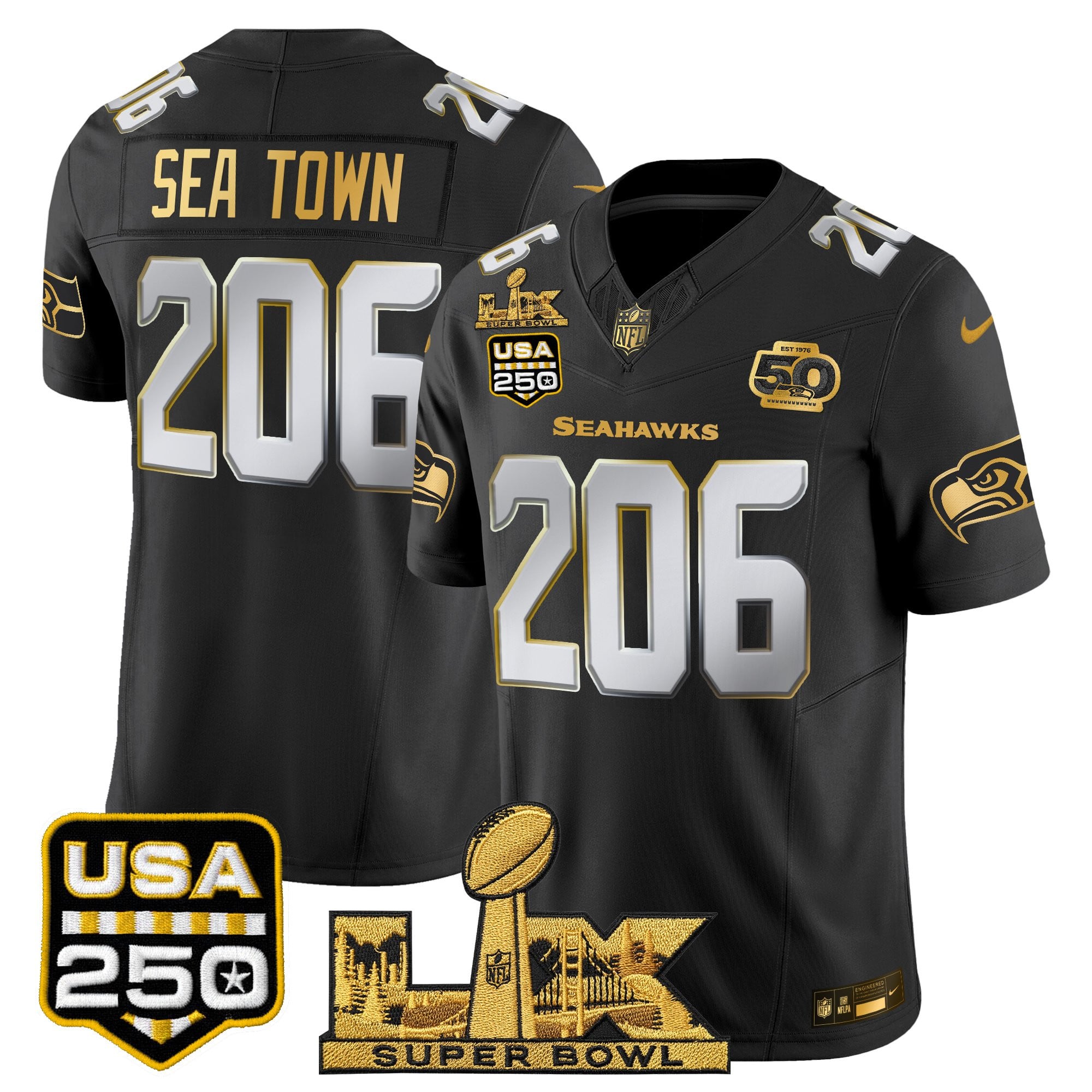Men's Seattle Seahawks "Super Bowl LX & United States 250th Anniversary Patch" Gold Vapor Limited Jersey - All Stitched