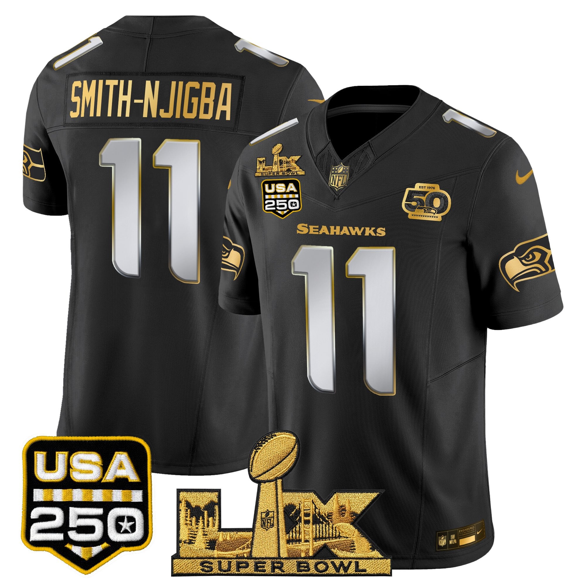 Men's Seattle Seahawks "Super Bowl LX & United States 250th Anniversary Patch" Gold Vapor Limited Jersey - All Stitched