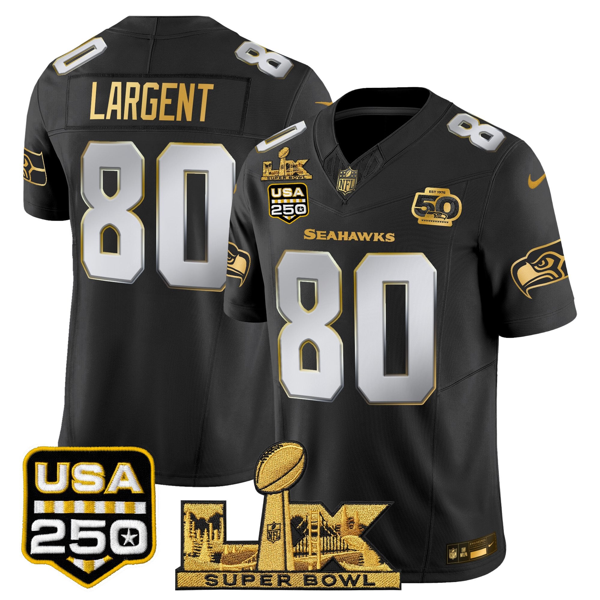 Men's Seattle Seahawks "Super Bowl LX & United States 250th Anniversary Patch" Gold Vapor Limited Jersey - All Stitched