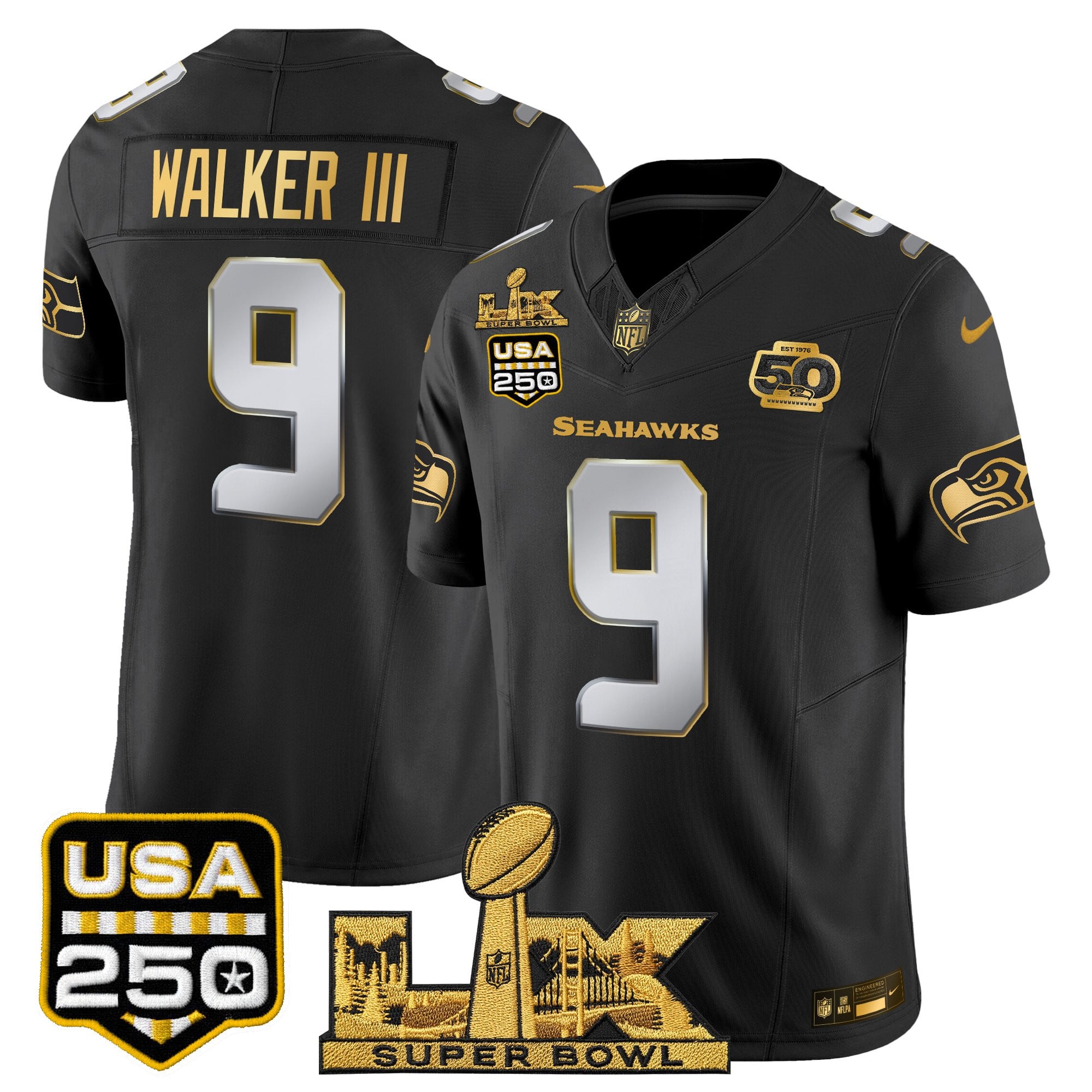Men's Seattle Seahawks "Super Bowl LX & United States 250th Anniversary Patch" Gold Vapor Limited Jersey - All Stitched