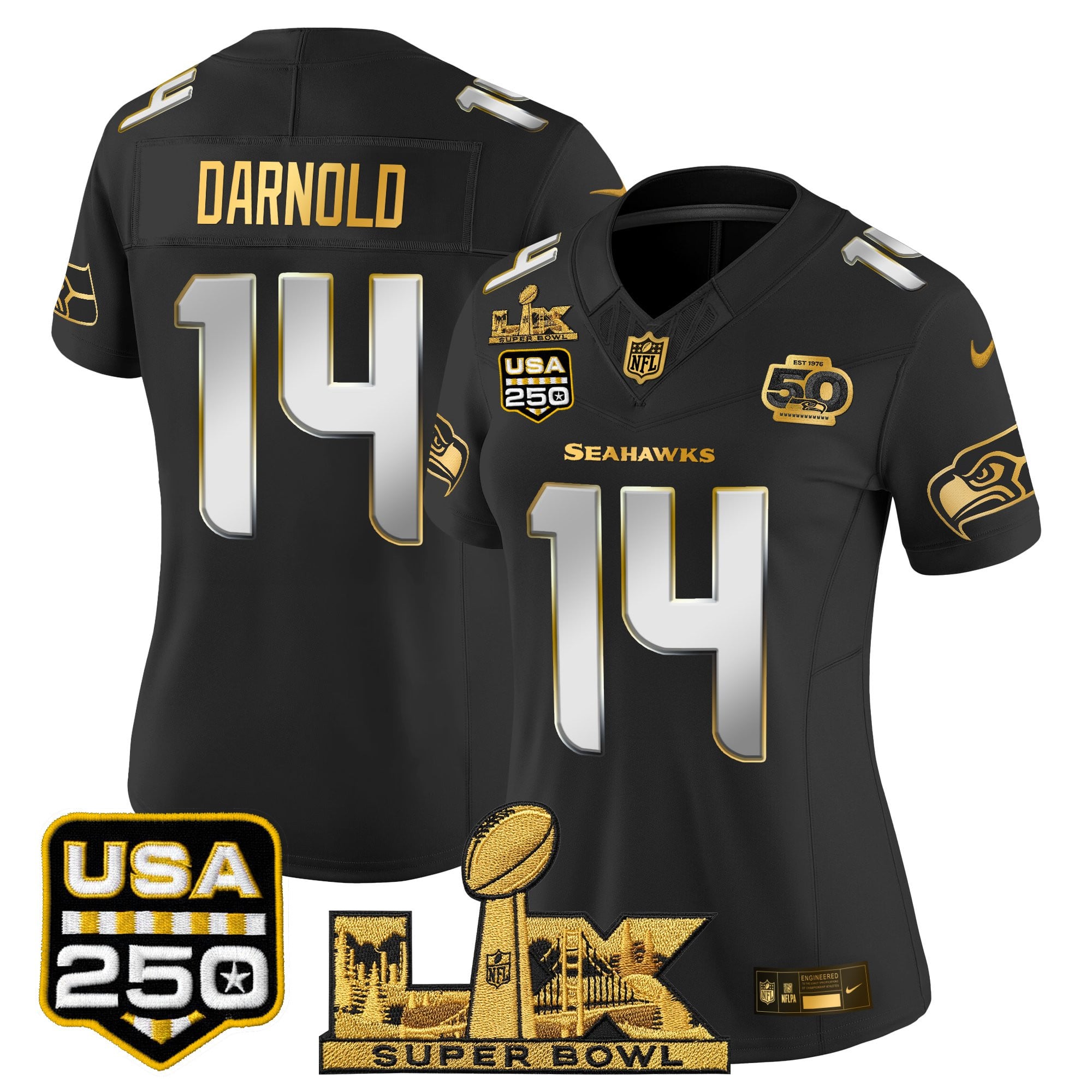Women's Seattle Seahawks "Super Bowl LX & United States 250th Anniversary Patch" Gold Vapor Limited Jersey - All Stitched