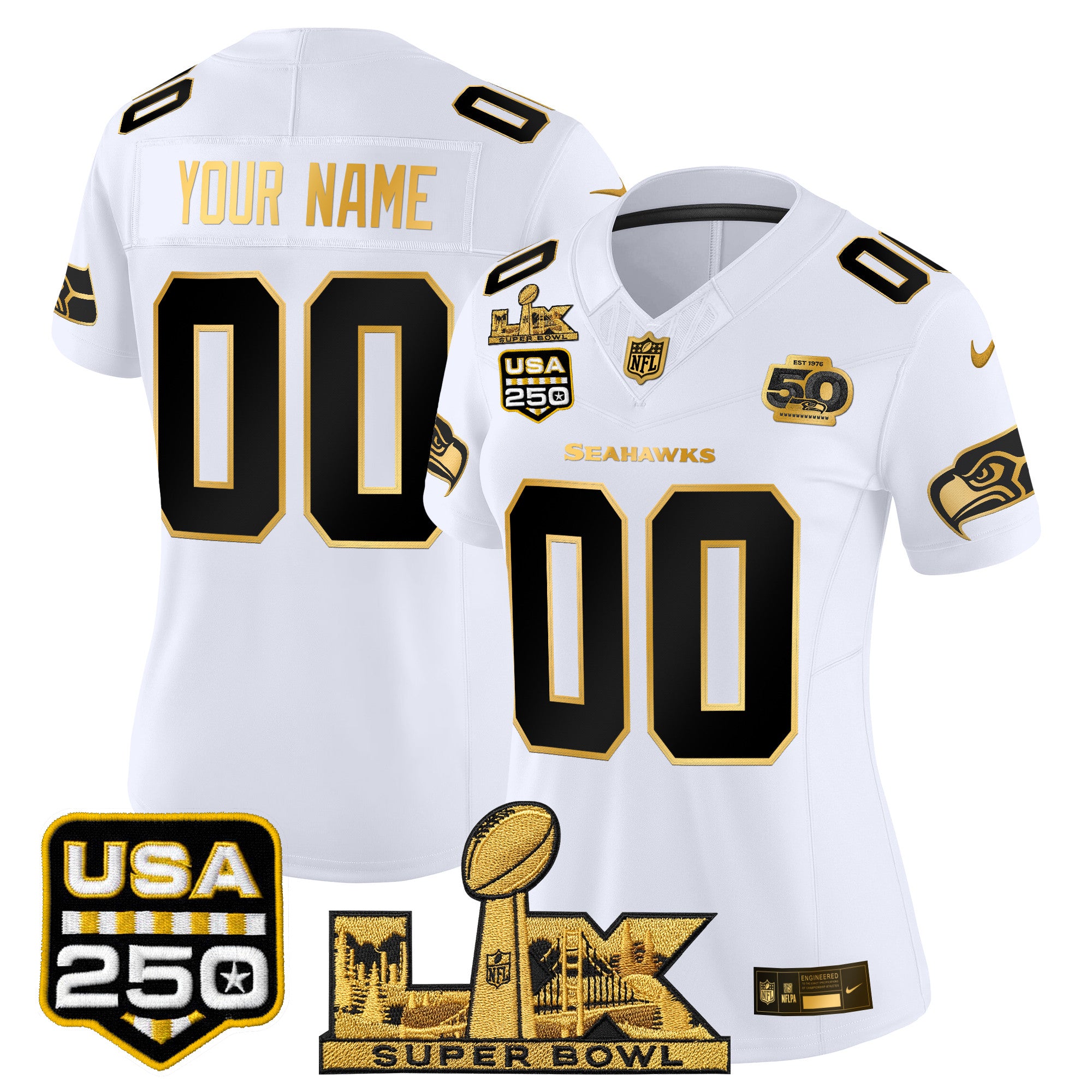 Seattle Seahawks "Super Bowl LX & United States 250th Anniversary Patch" Gold Vapor Limited Custom Jersey - All Stitched