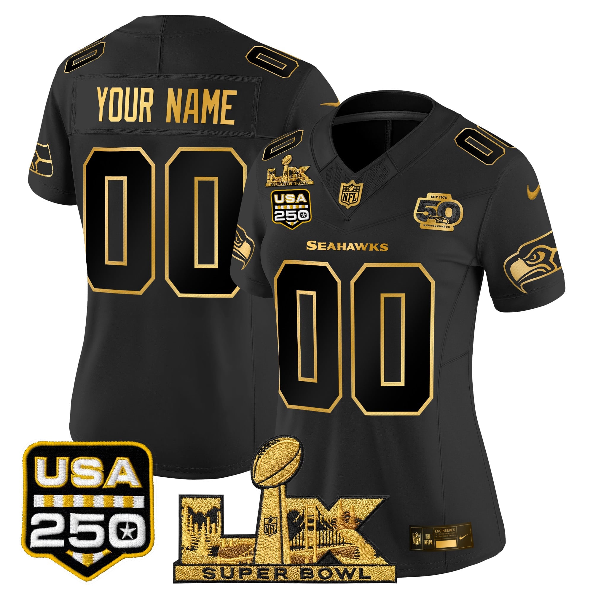 Seattle Seahawks "Super Bowl LX & United States 250th Anniversary Patch" Gold Vapor Limited Custom Jersey - All Stitched